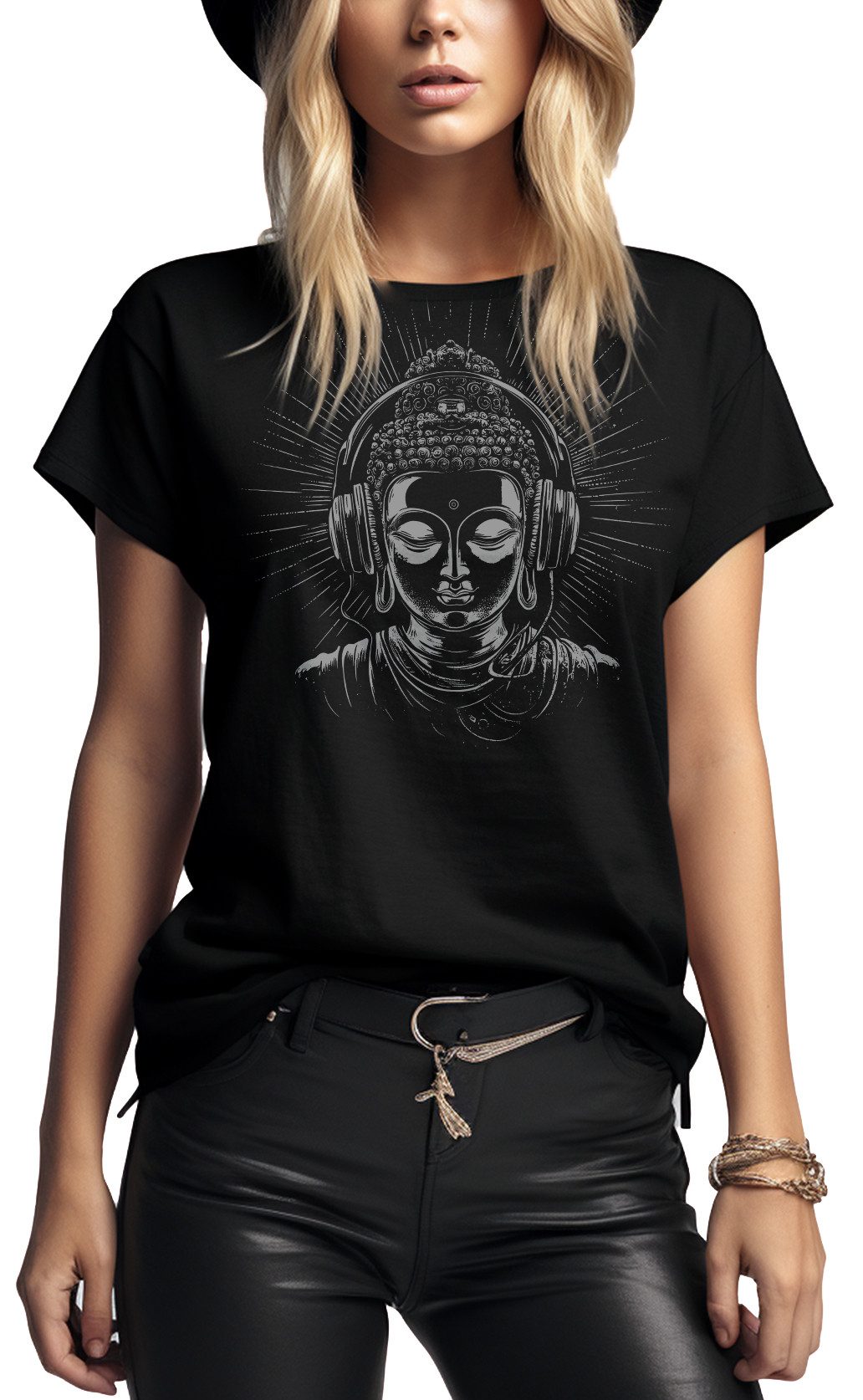 MAKAYA Yogashirt Buddha Kopfhörer Motiv Kurzarm Shirt Schwarz Baumwolle Fra günstig online kaufen