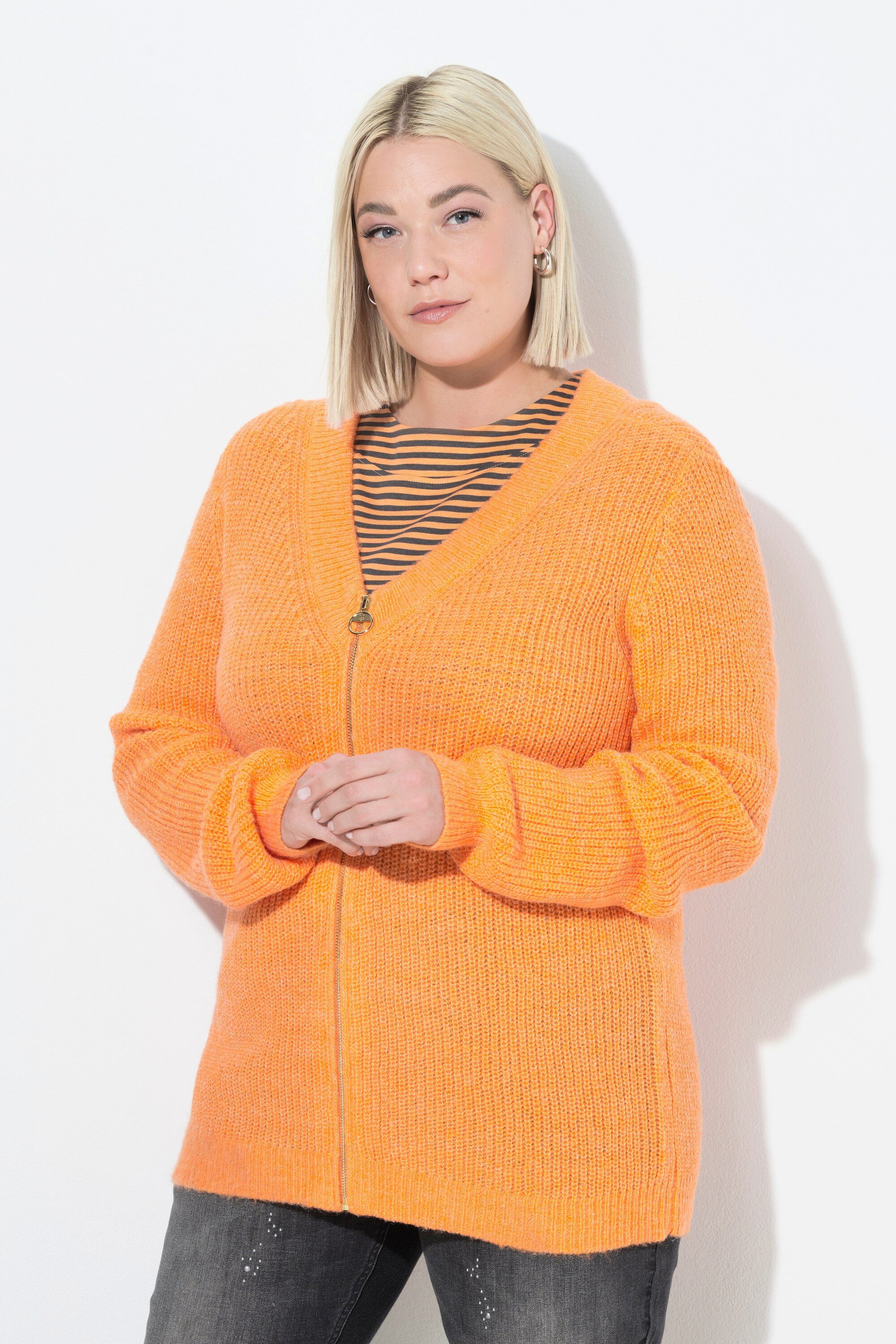 Ulla Popken Strickjacke Strickjacke Patentstrick V-Ausschnitt Langarm günstig online kaufen