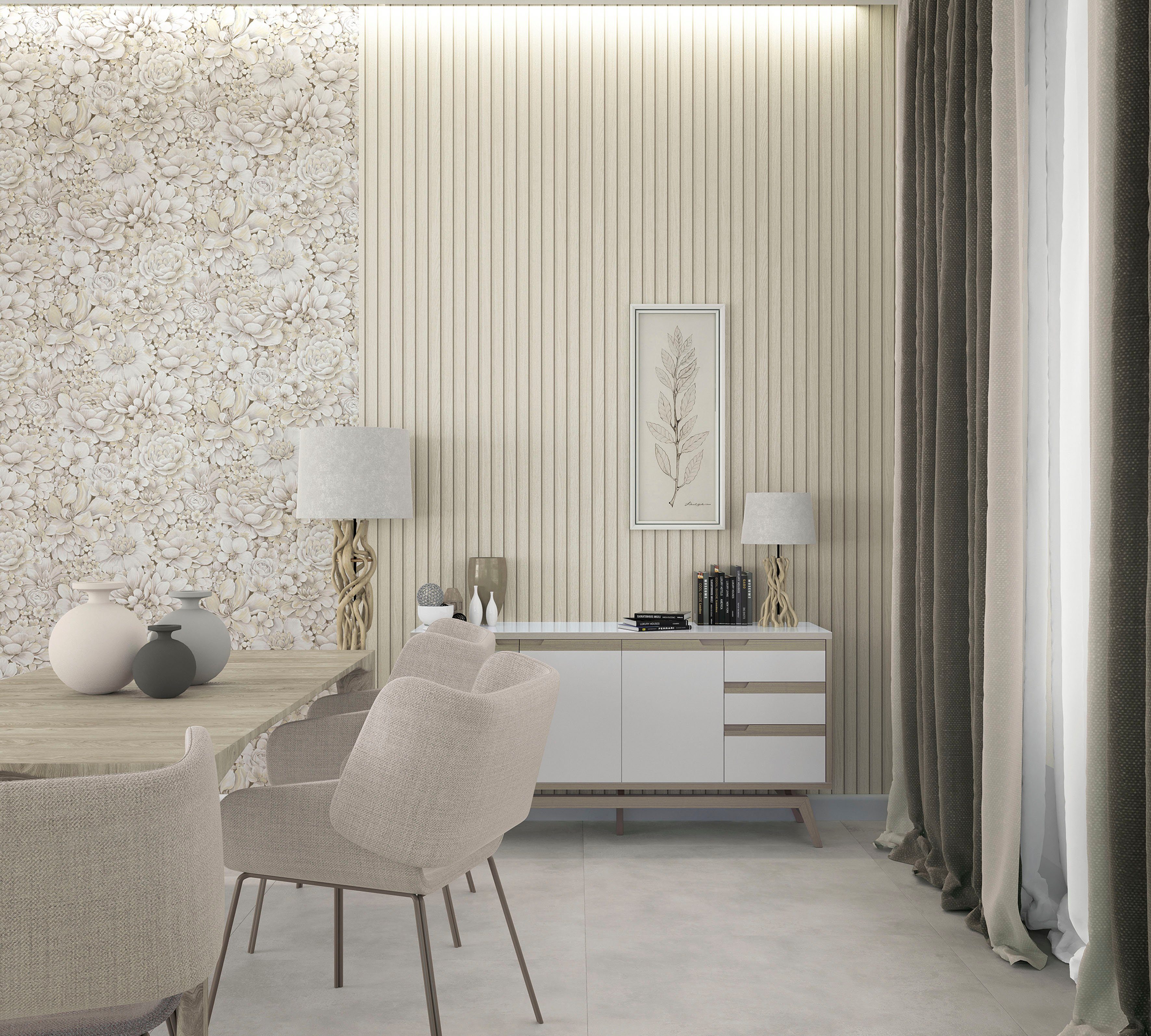 Vliestapete Vliestapete Blattmotiv Flower, Küche matt, Marburg Schlafzimmer creme geprägt, Wohnzimmer für moderne