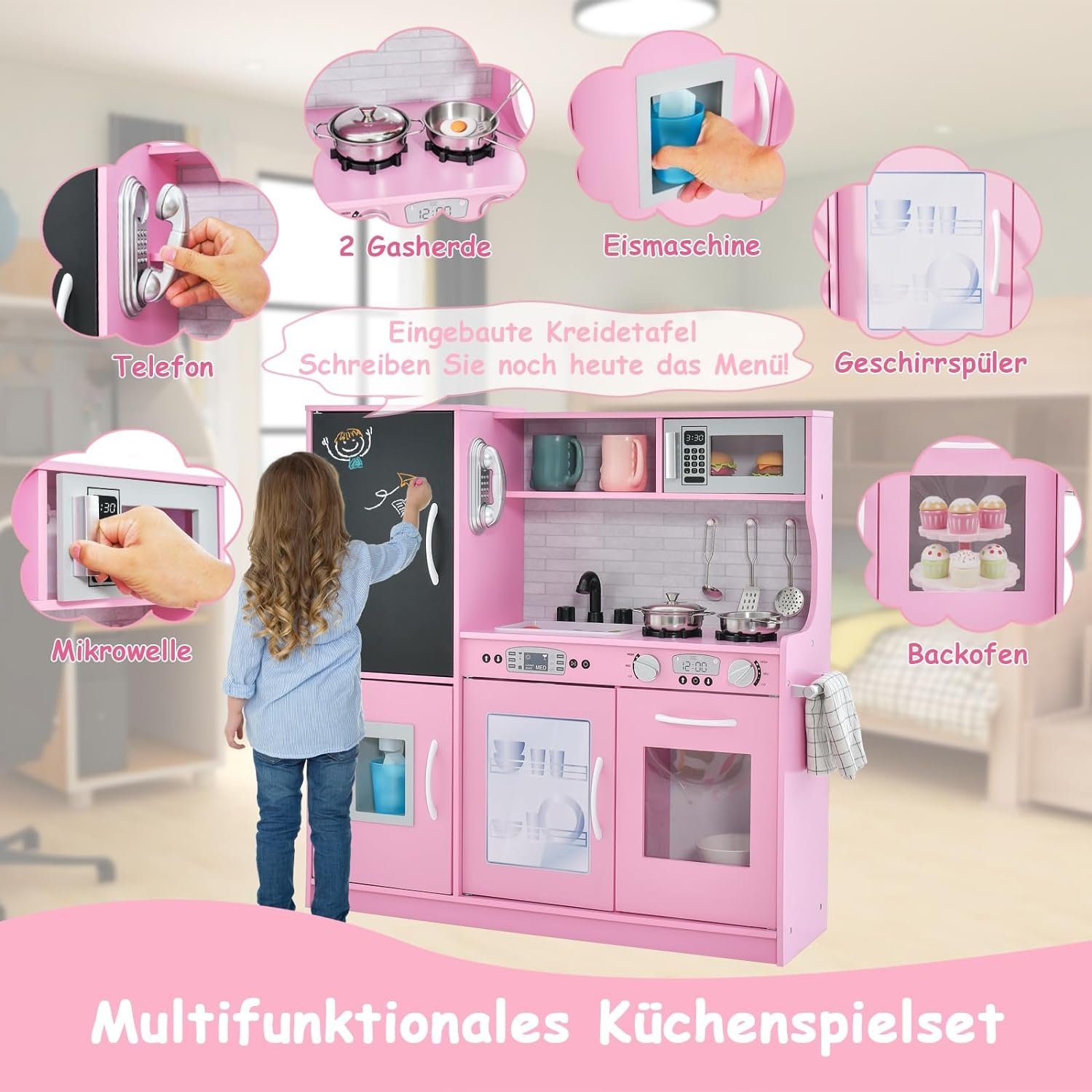 KOMFOTTEU Spielküche Kinderküche, mit Mikrowellen, Backofen, Wasserbecken, Kreidetafel & Eismaschine