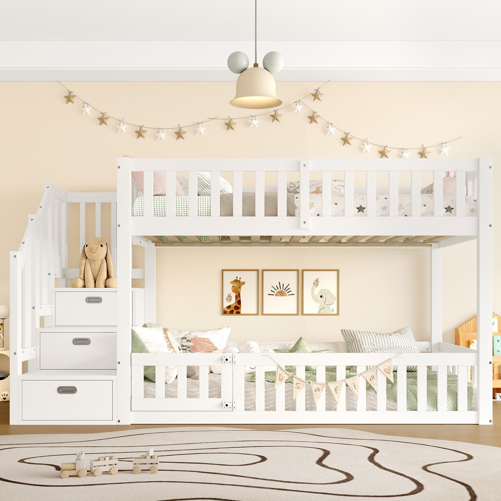 MODFU Etagenbett für Schlafzimmer, Kinderzimmer & Gästezimmer (mit Leiter, Kinder- & Jugendbett mit Geländer und Tür, Massivholz, Weiß, 1-St., 90x200cm), mit Stauraum