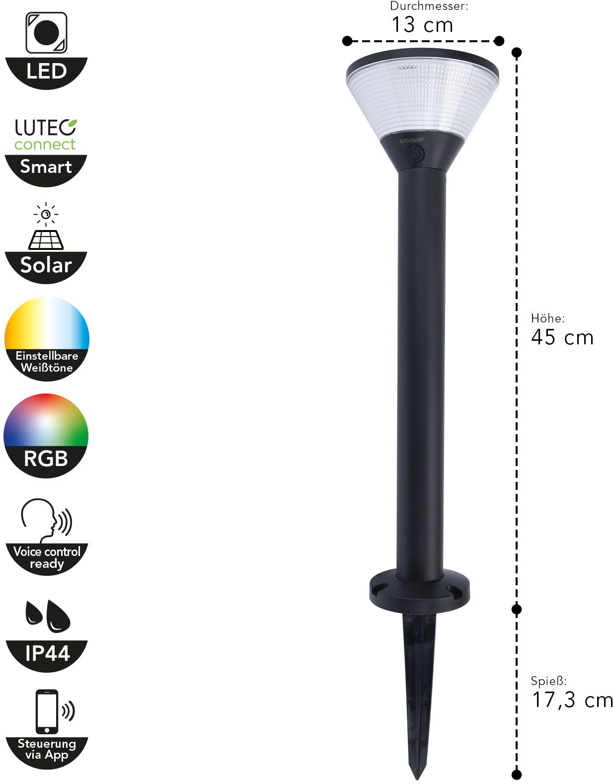 LUTEC LED Solarleuchte LED-Solar-Aussenstehl. KARLO, Dimmfunktion, LED fest integriert, RGB
