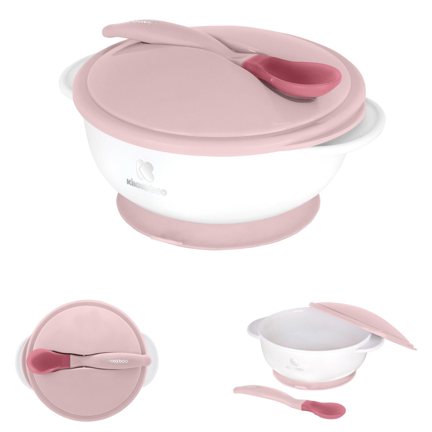 Kikkaboo Kunststoffteller Baby Essschüssel 250 ml Löffel, mit Wärmesensor Warmhalteschüssel Deckel rosa