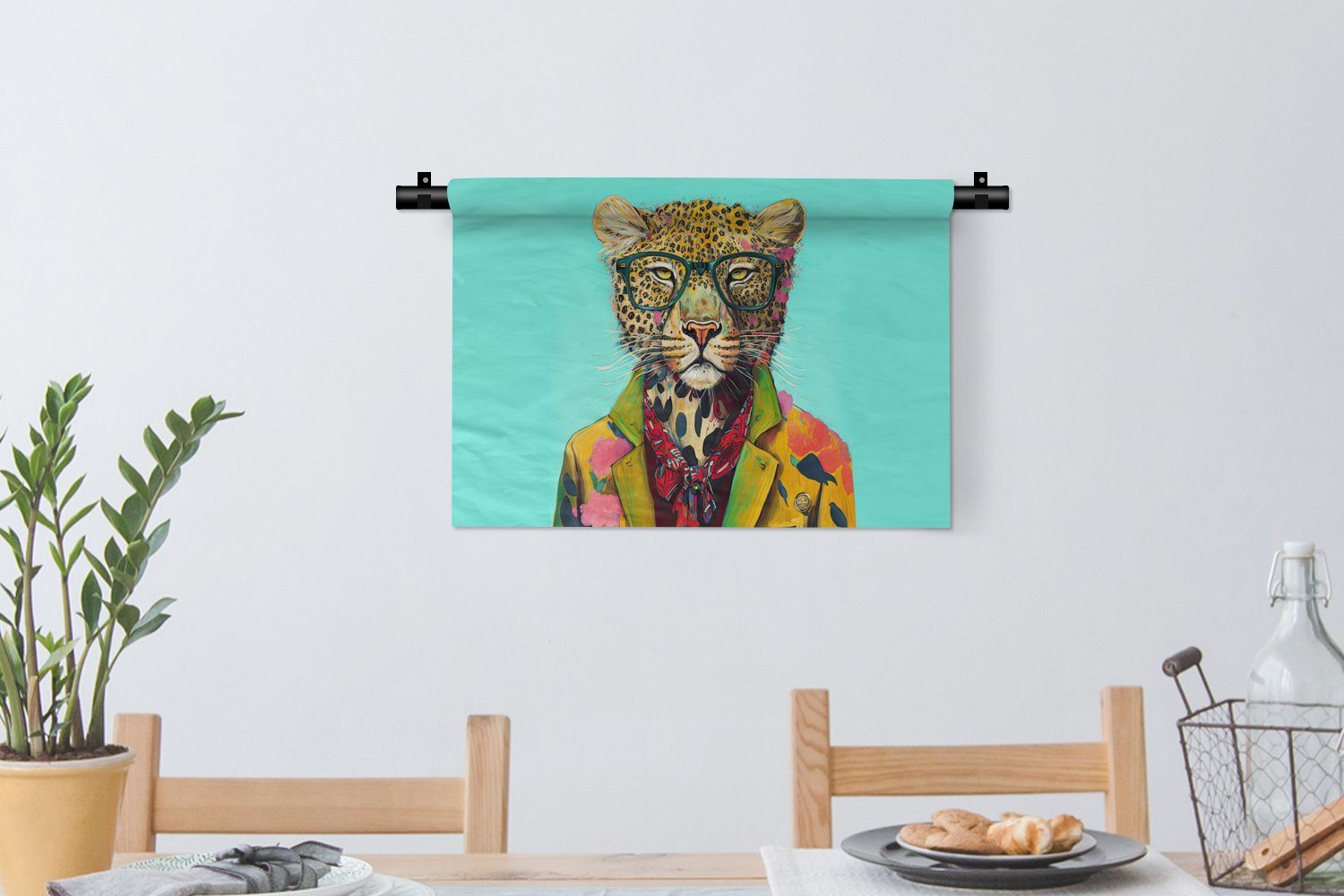 MuchoWow Wanddekoobjekt Tier für Schleife - - Wandbehang, Leopard Design, Wohnzimmer, - Kleid, Brille Wanddeko - Kinderzimmer Schlafzimmer