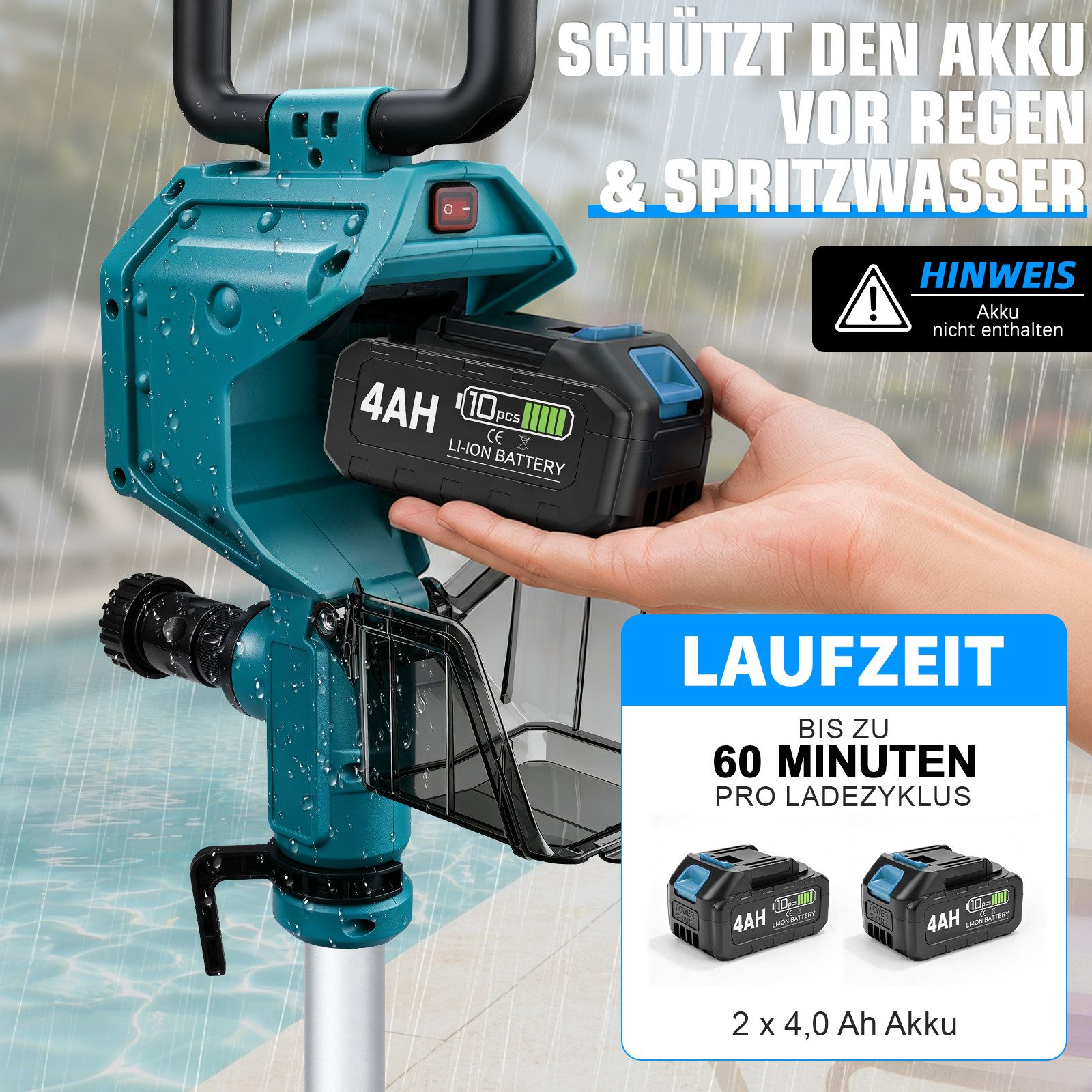 XERSEK Regenfasspumpe 3600 L/h Akku Stab-Wasserpumpe mit 2×4,0Ah Akku Kabellose Gartenpumpe (Set, 3-tlg., 10m Förderhöhe, Stab-Transferpumpe mit Gartensprühdüse & 2m Schlauch), für Regentonnen Garten Pool Teich