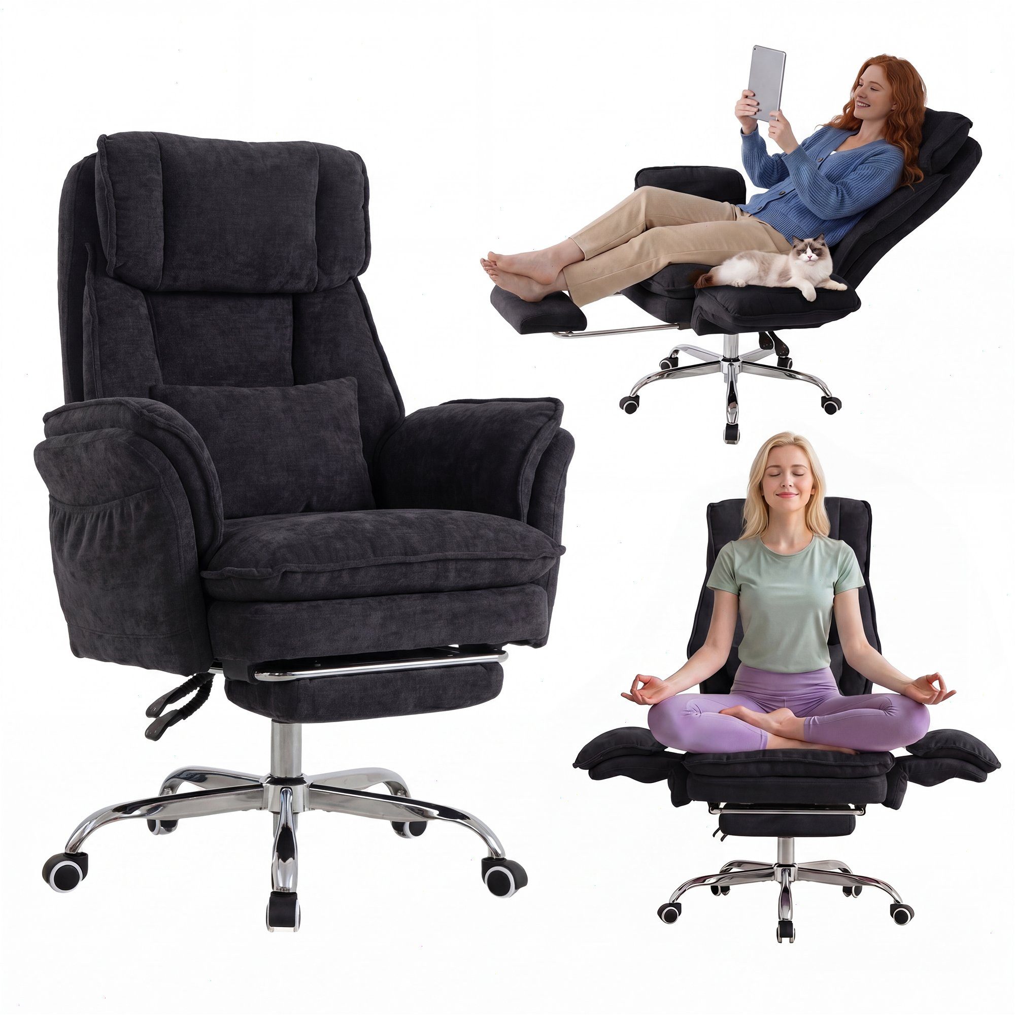 UEV Bürostuhl ergonomisch mit klappbarer Fußstütze Mesh bis 226kg, neigbar bis 150° (Packung), Hochklappbare Armlehnen/Integrierte Fußstütze/leichtgängiges Rad