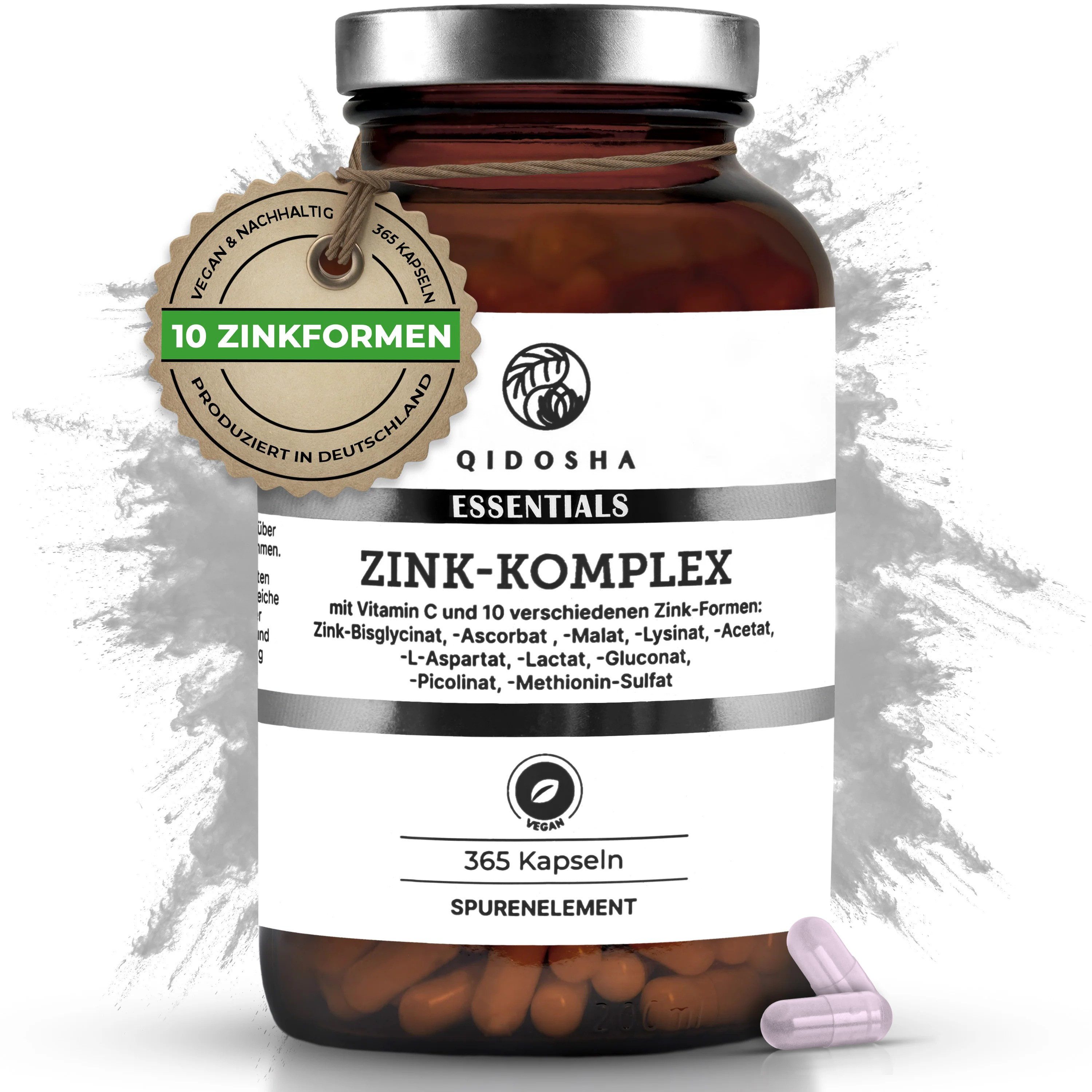 QIDOSHA Zink-Komplex mit Vitamin C Kapseln, 365 St., 89.4 g, 10 bioverfügbare Zinkverbindungen