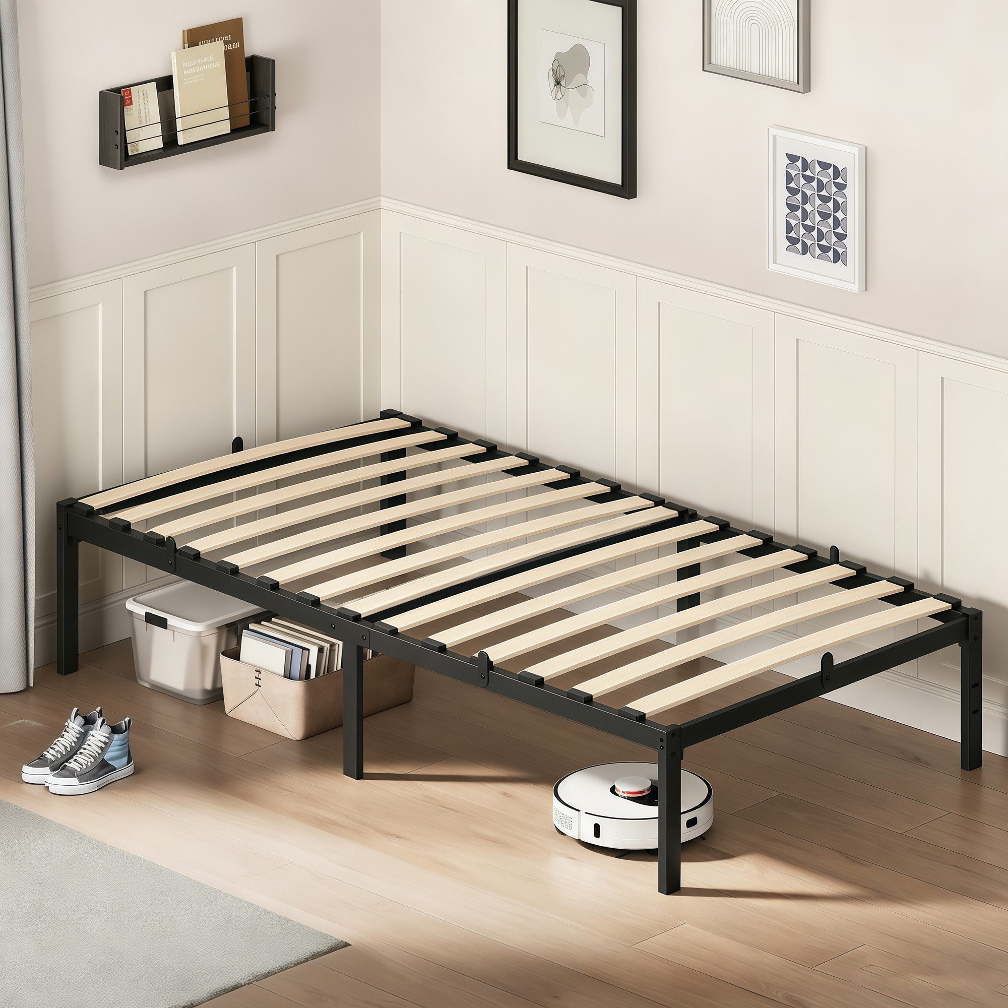 GLIESE Einzelbett 90 x 200 cm Bettgestell (Metallbettgestell), mit Holzlatten, Leise, bodenschonende Pads
