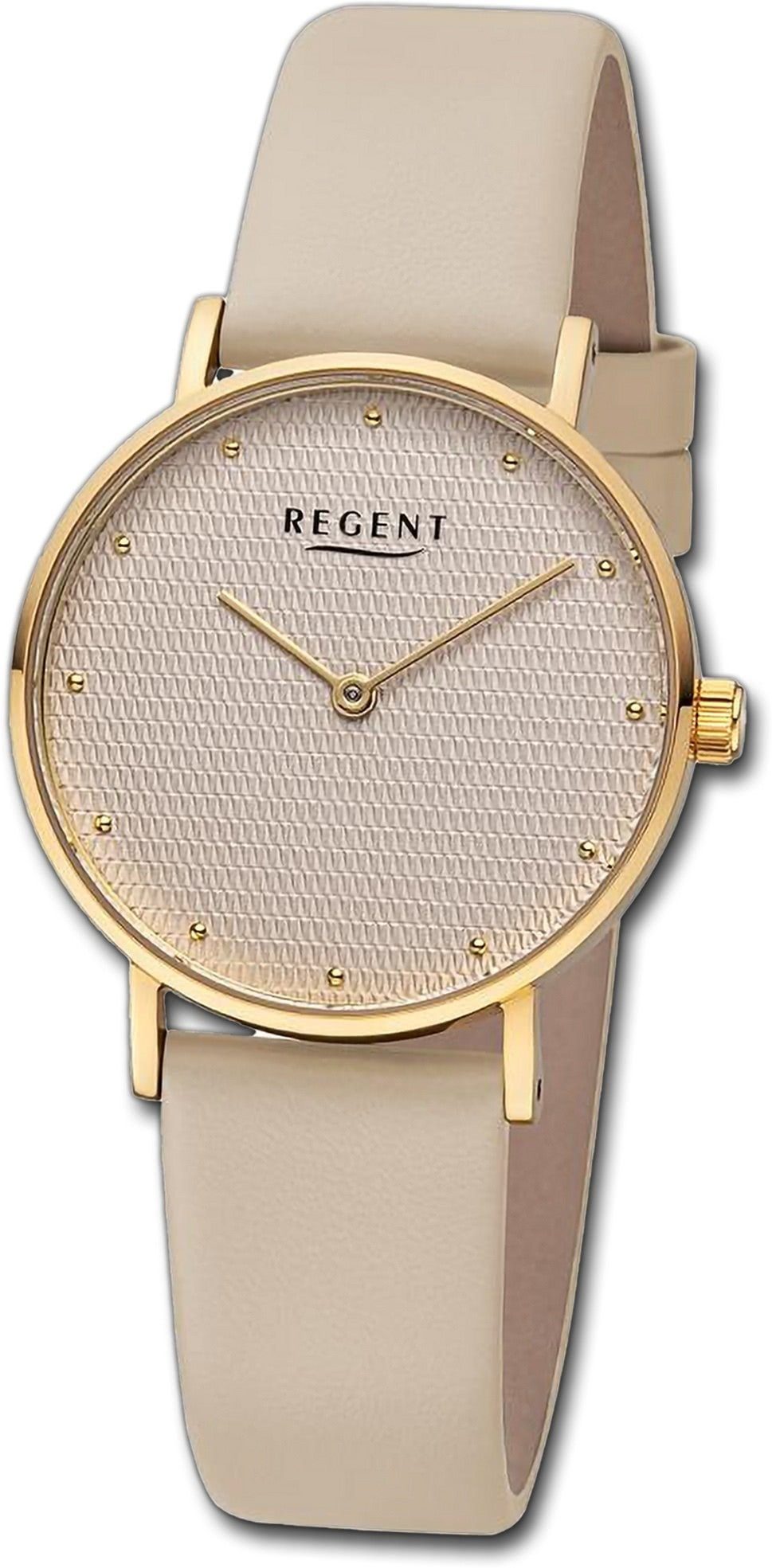 Regent Quarzuhr Regent Damen Armbanduhr Analog, Damenuhr Lederarmband hellbraun, rundes Gehäuse, extra groß (ca. 32mm)