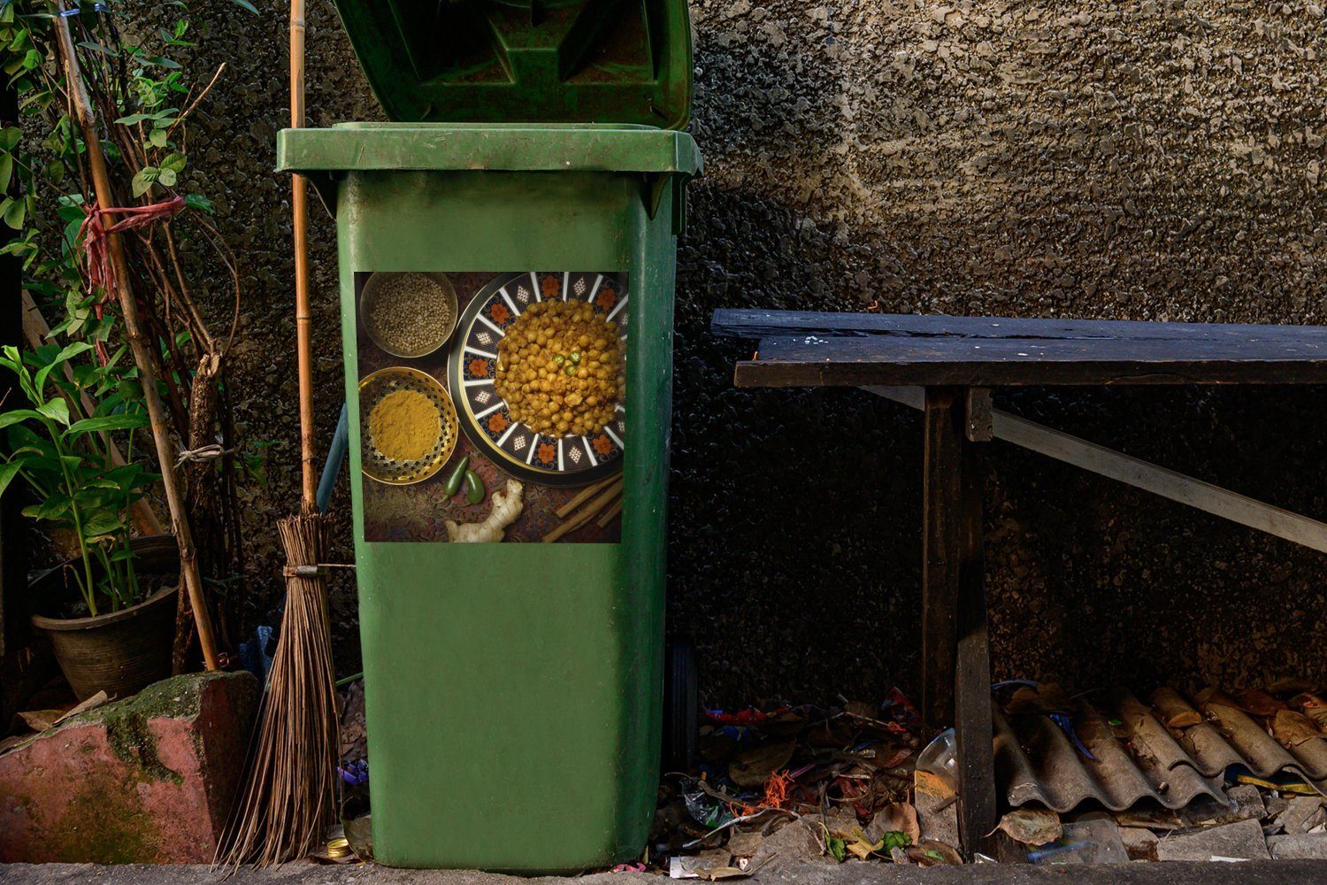 Wandsticker St), Indische (1 Sticker, MuchoWow Kichererbsen Beilage Curry Abfalbehälter Mülltonne, Container, mit als Mülleimer-aufkleber,