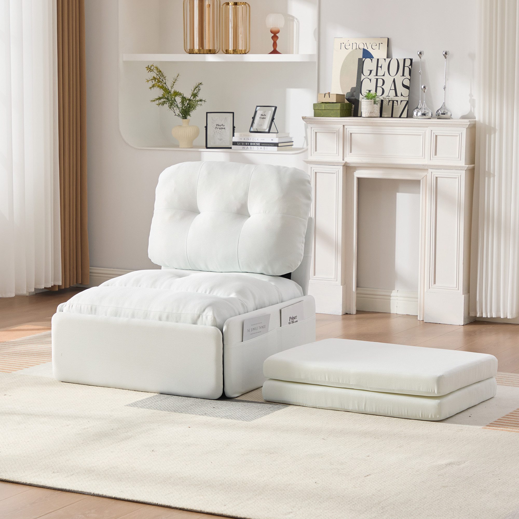 Flieks Schlafsofa Daybett 2-in-1 Multifunktional Einzelsofa, 1 Teile, ausziehbar Einzelsessel Schlafsessel mit Bettfunktion Leinenstoff Weiß