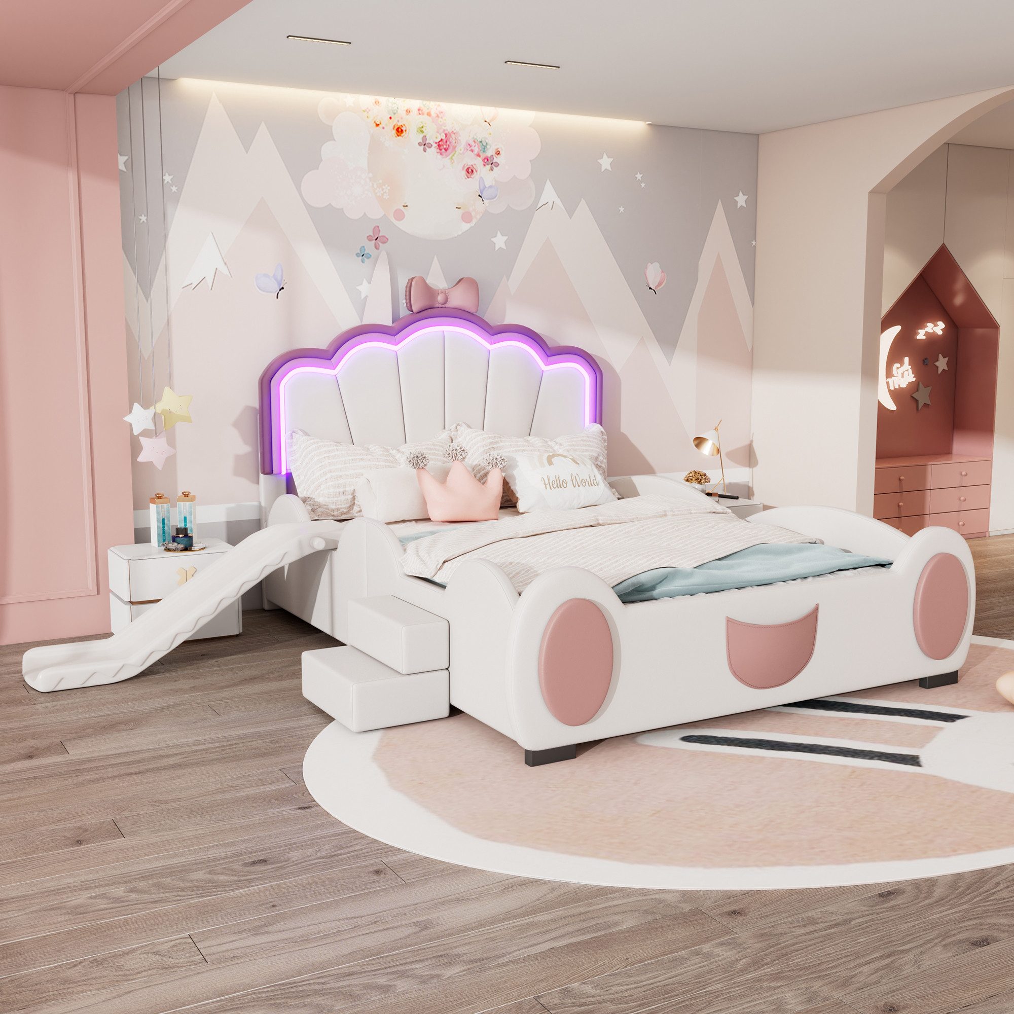 SOFTWEARY Prinzessinbett mit Rutsche und LED-Beleuchtung (140x200 cm), Mädchenbett, Polsterbett für Mädchen, Doppelbett, Kunstleder