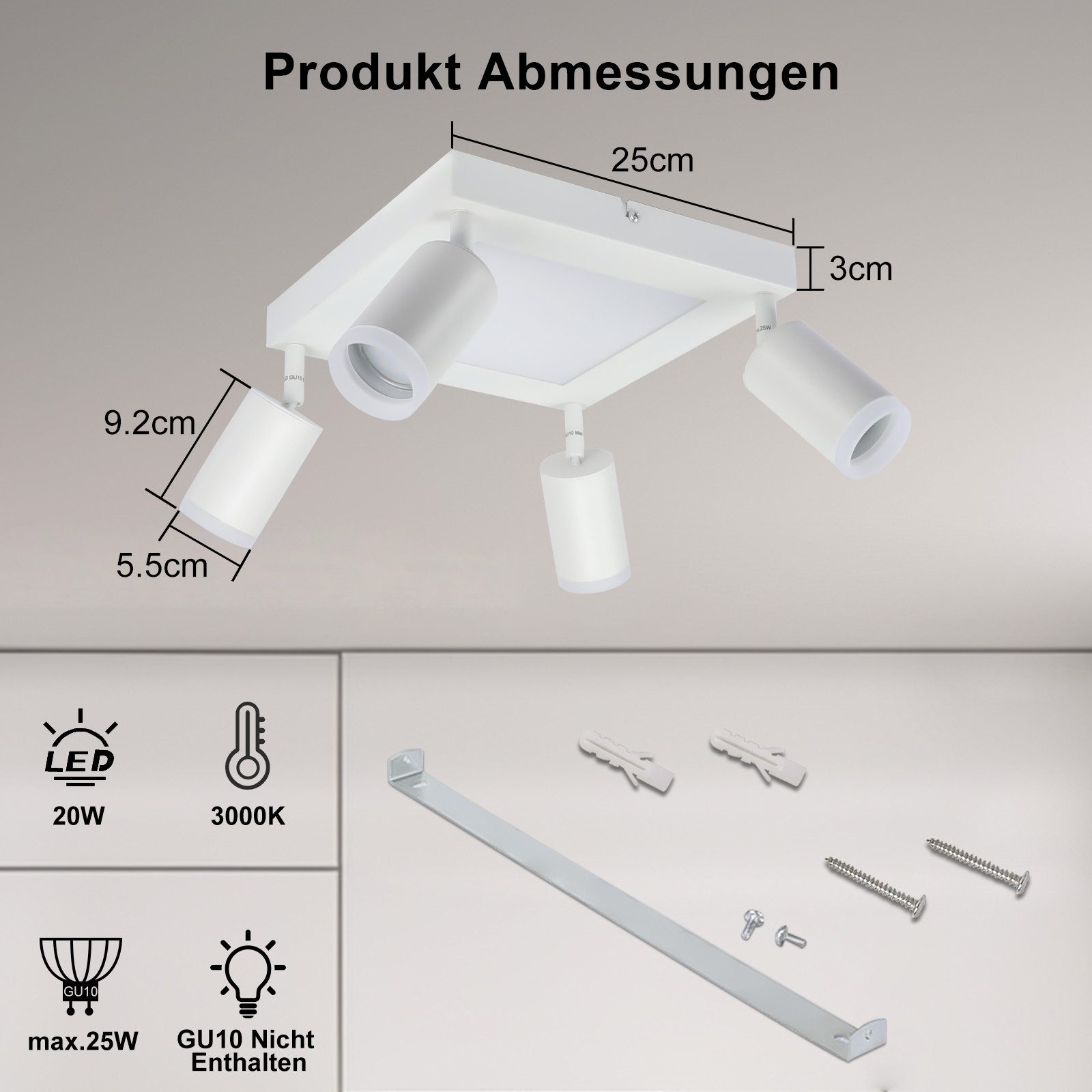 ZMH Deckenstrahler 4 Flammig Quadratisch/Rund 20W günstig online kaufen