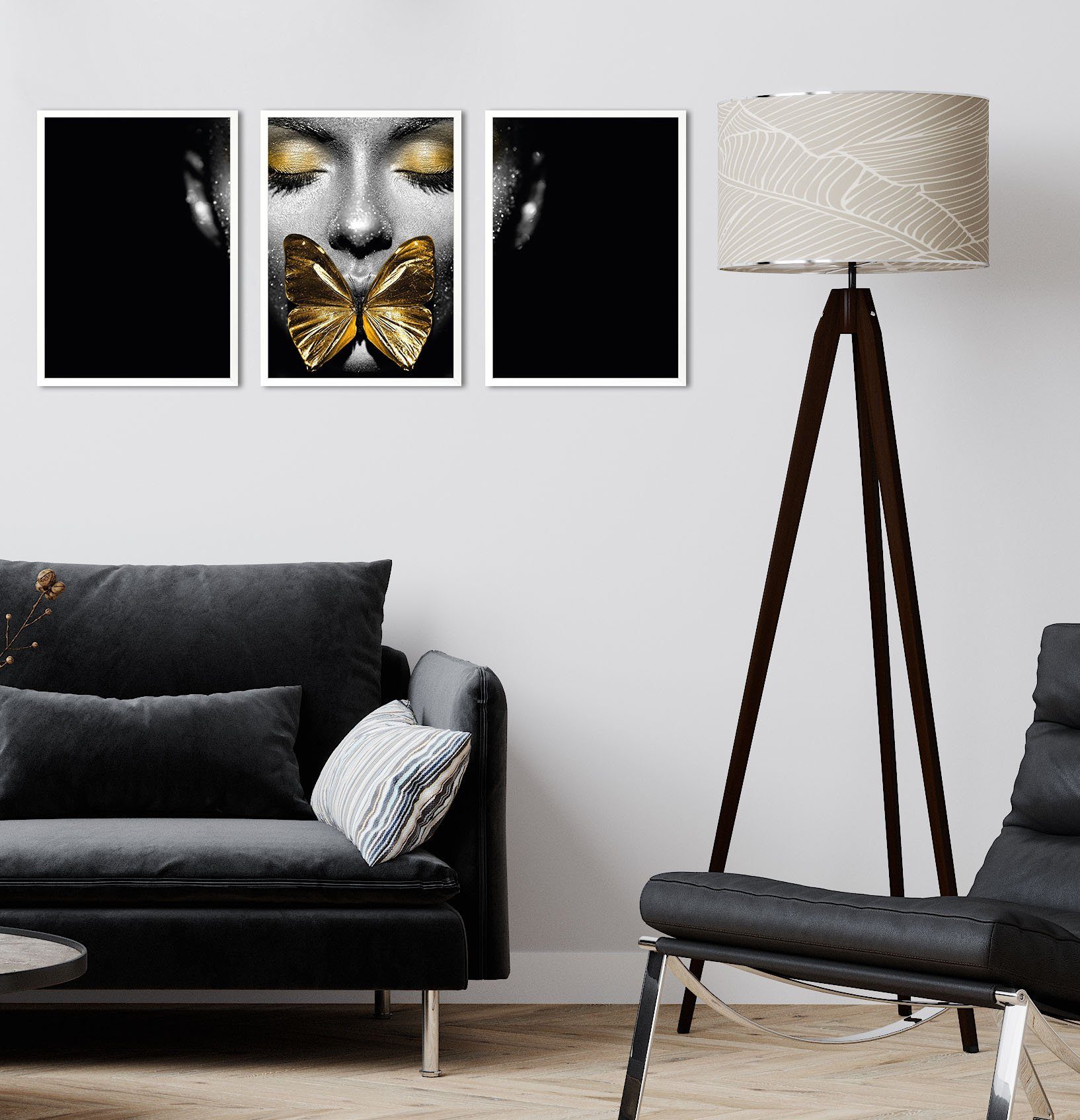 Bild Weißer Rahmen Leonique Dekoration Schmetterling 3x - Gerahmter Digitaldruck Holzrahmen Triptychon 30x40 mit Wandbild, Gesicht - - - - cm Gold Rahmen -