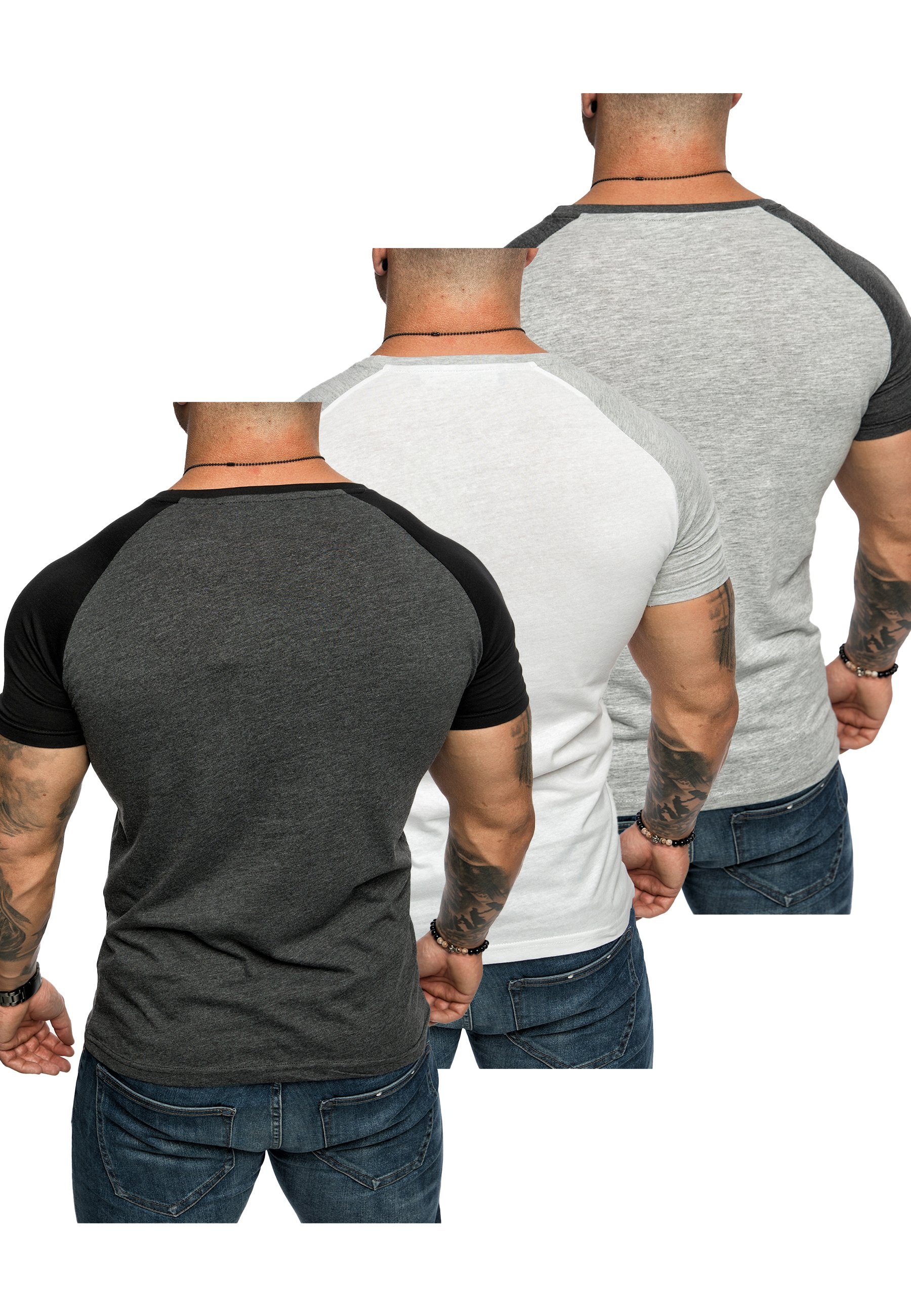Oversize Basic Kontrast 3. + T-Shirts (Anthrazit/Schwarz T-Shirt Herren Grau/Anthrazit) (3er-Pack) Weiß/Grau + 3er-Pack T-Shirt Amaci&Sons SALEM Raglan