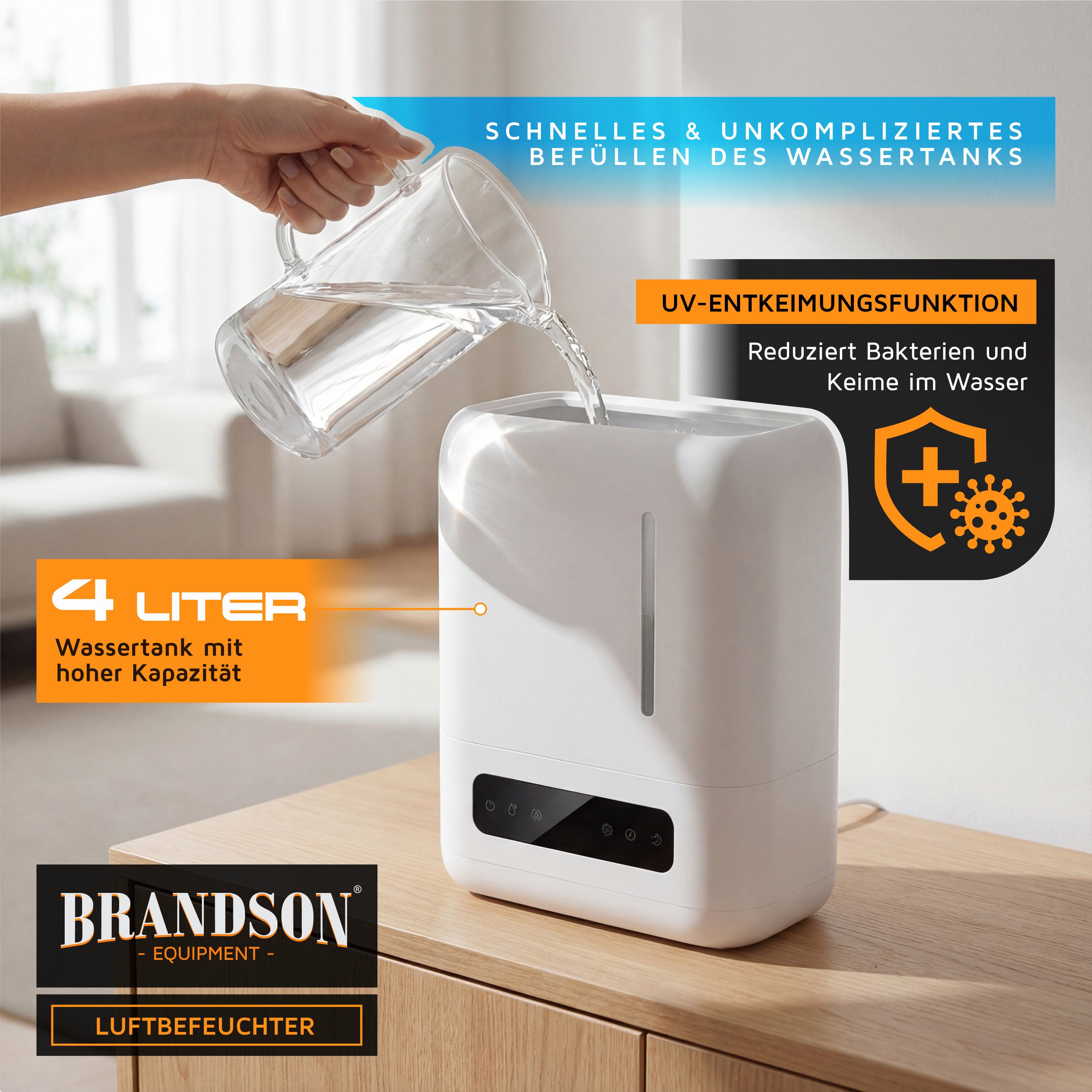 Brandson Luftbefeuchter 4 Liter mit Fernbedienung, Ultraschall, Digital Display, Schlafmodus, 4 l Wassertank, UV Entkeimung, Aroma Fach, für Wohn- und Schlafzimmer, Yoga, Spa