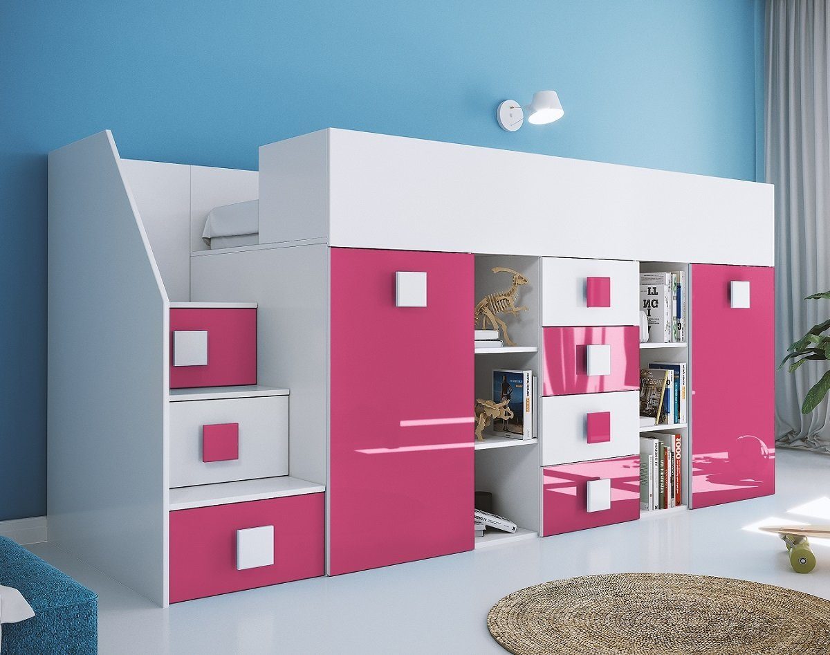 QMM TraumMöbel Hochbett TELLY 3 mit Treppe links (Möbelstück, 1-St., Bett mit Schrank, Schreibtisch, Schubladen, Regale, Treppe) ausziehbarer Schreibtisch mit weiteren Stauräumen