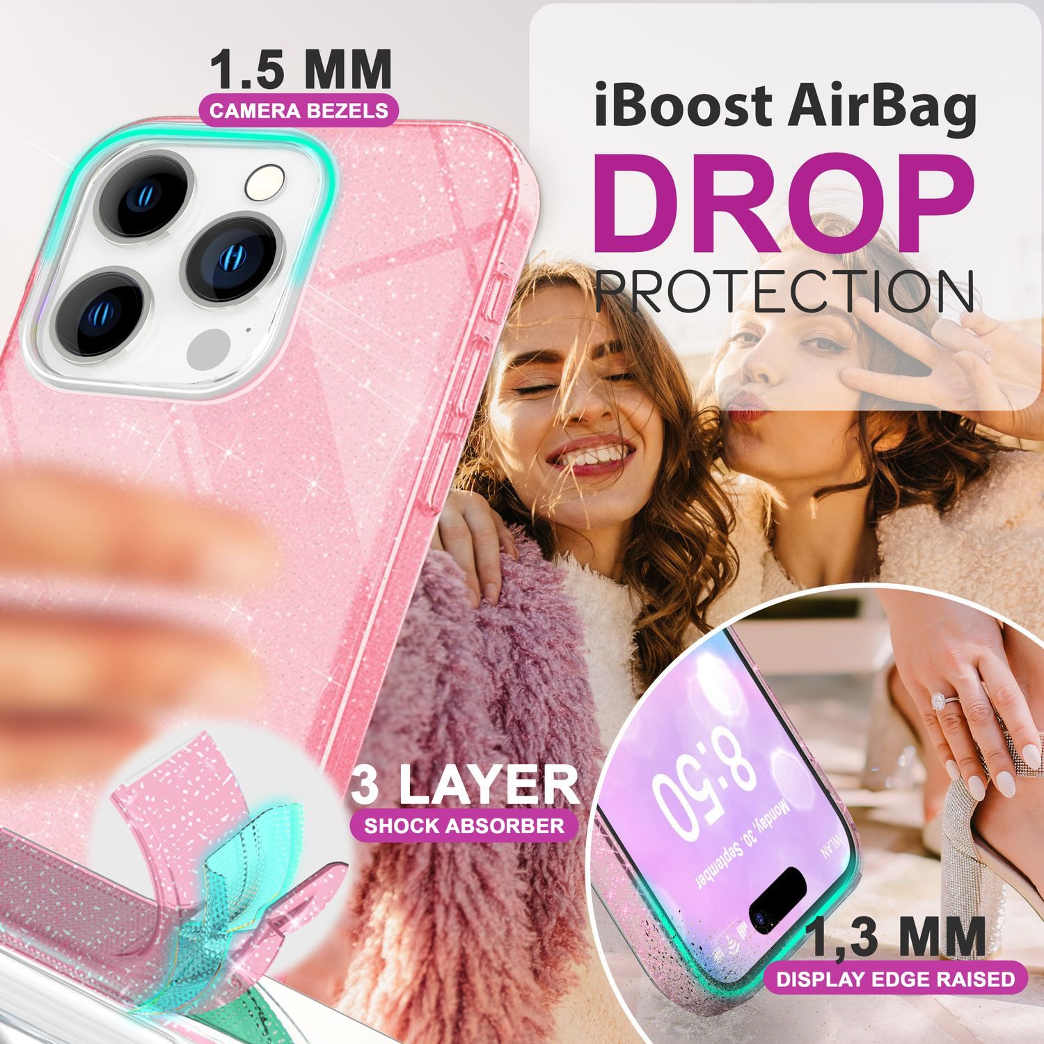 Nalia Smartphone-Hülle Apple iPhone 16 Pro 16 cm (6,3 Zoll), Glitzer Silikon Hülle / Verstärktes Glitter Cover / Glänzendes Case