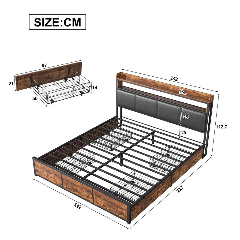 Simurq Polsterbett Metallbett mit LED-Beleuchtung Doppelbett mit Schubladen 140x200 cm (Bettgestell mit 4 Schubladen und Kopfteil), Jugendbett Stauraumbett mit  – Bild 2 von 5