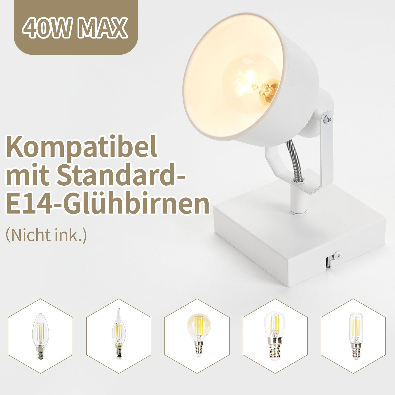 ZMH Deckenstrahler 1 Flammig Vintage Wandleuchte E14 Retro Küchenlampe für Schlafzimmer, Hochwertige Design, ohne Leuchtmittel, Schwarz Schwenkbar 350° MAX.40W Deckenleuchte Wohnzimmer