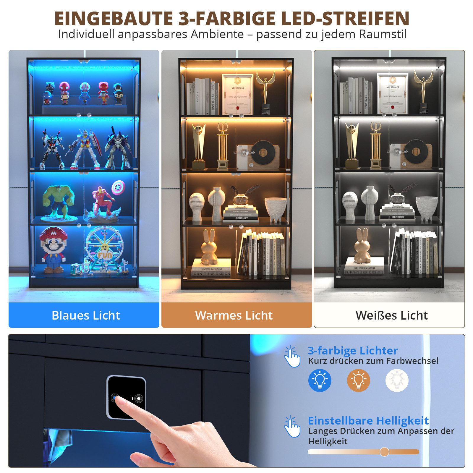 VOWNER Glasvitrine mit 3-Farben-LED-Beleuchtung, Vitrine für Spielzeug/Bücher/Deko (1-St) 360°-Sicht, Explosionssichere Tür, 4 Regale, 80x165x35 cm – Bild 4 von 5
