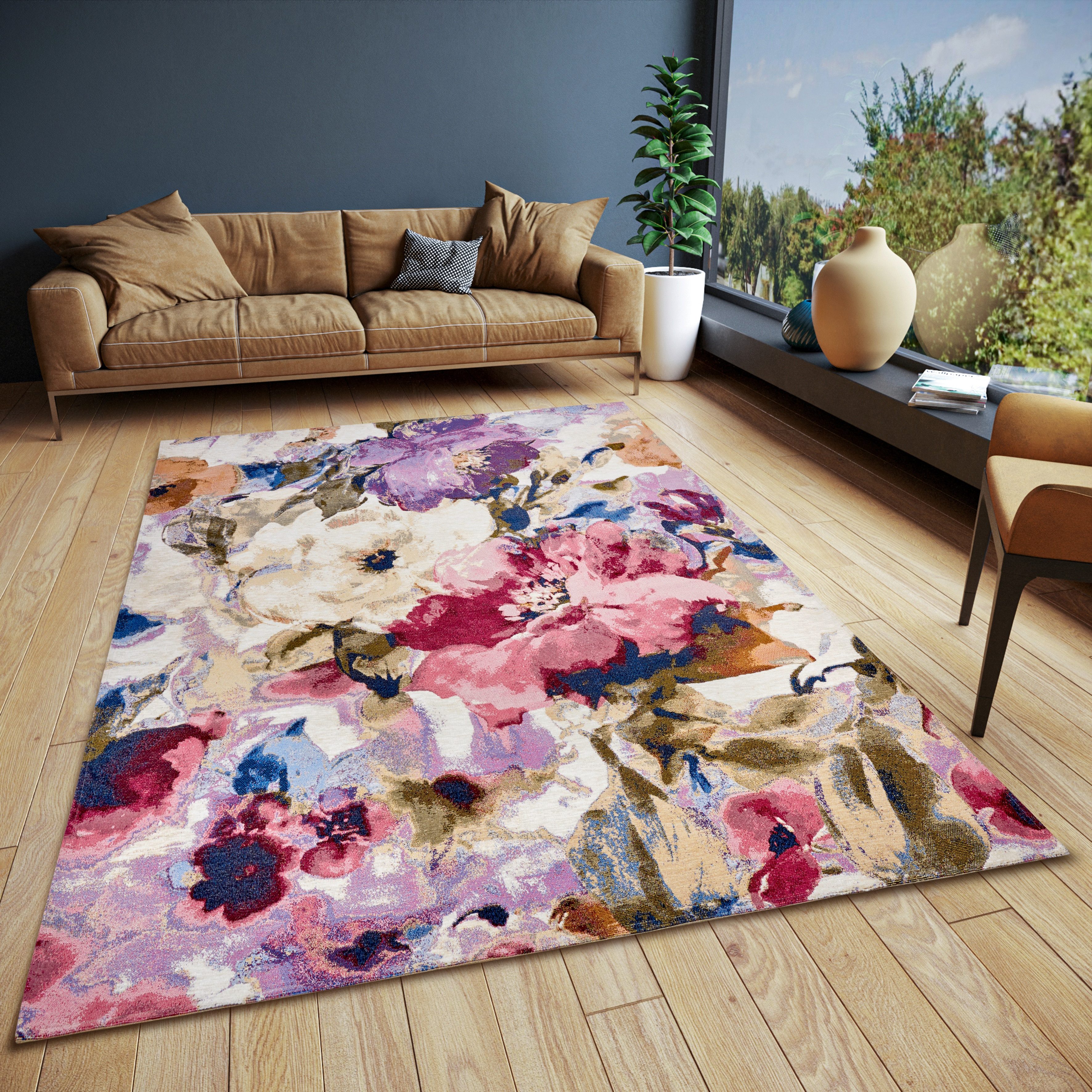 HANSE Home Teppich Atika, rechteckig, Höhe: 5 mm, Floral, Kurzflor, pflegeleicht, Anti-Slip, Glanz, Wohnzimmer