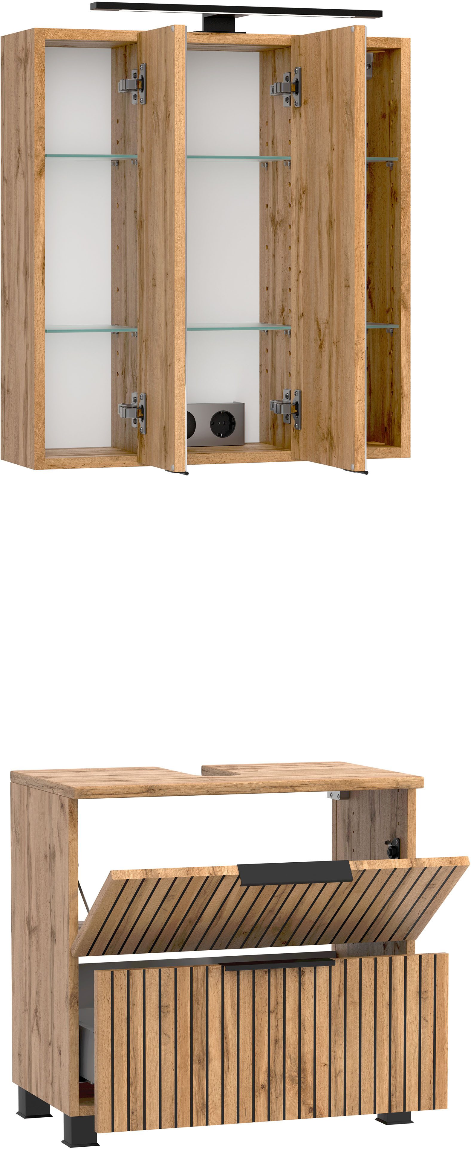 welltime Badezimmer-Set Welltime Möbel, Carlton Unterbecken-Set 2teilig, 60 cm, gestreift, (2-St)