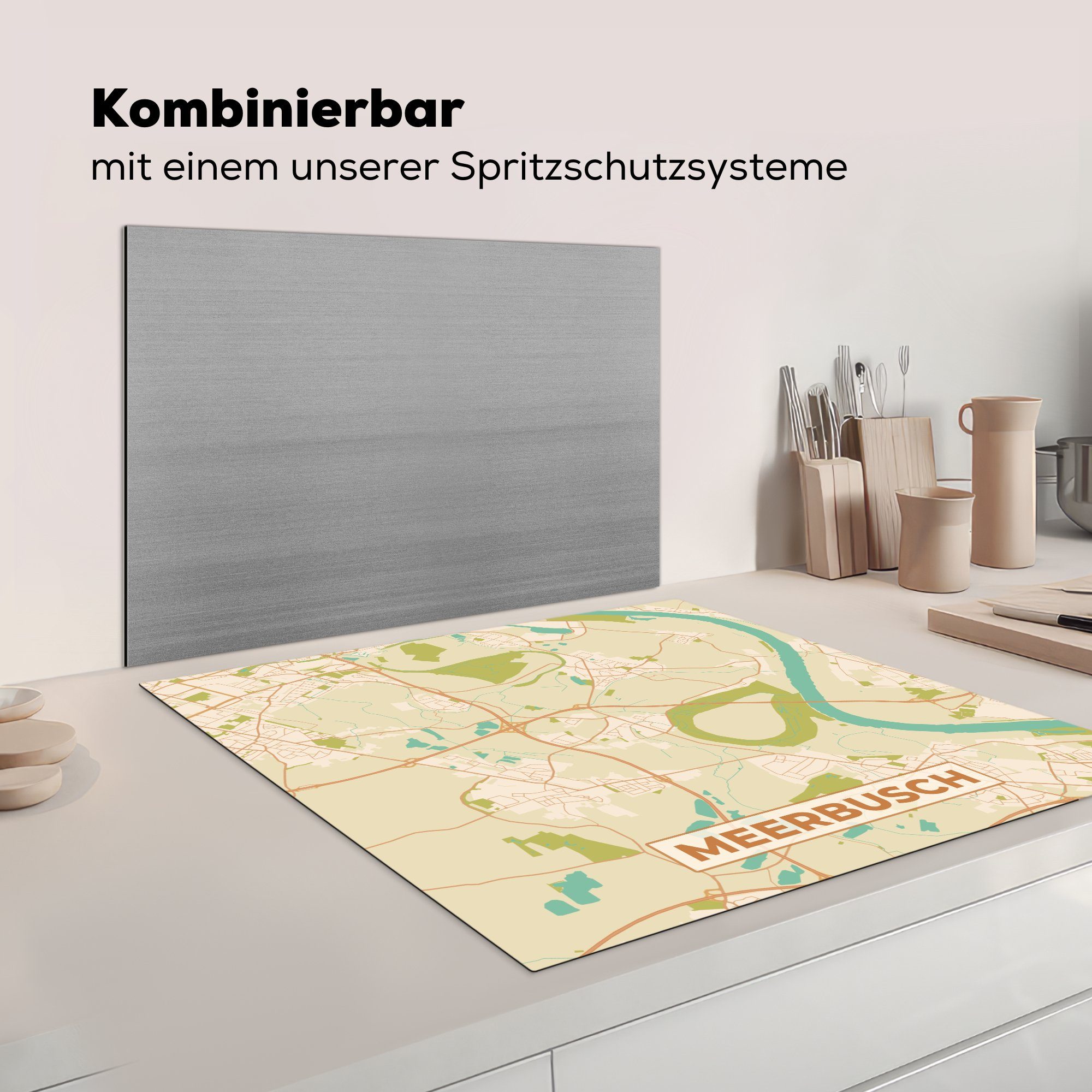 (1 Arbeitsplatte MuchoWow - cm, Ceranfeldabdeckung, für Meerbusch Stadtplan - - 78x78 Karte Vinyl, Herdblende-/Abdeckplatte Vintage, tlg), küche