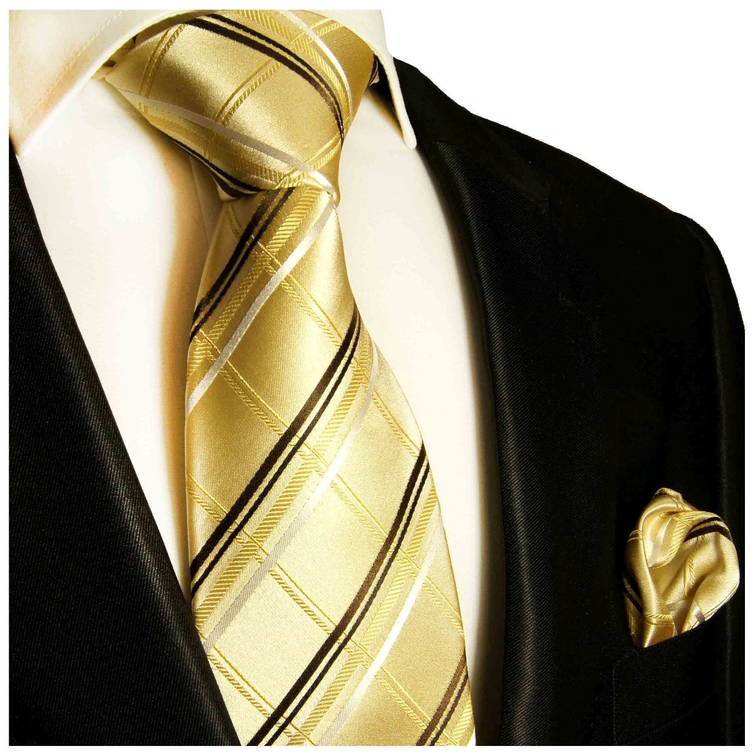 Paul Malone Krawatte Herren Seidenkrawatte und Tuch modern gestreift 100% Seide (Set, 2-St., Krawatte mit Einstecktuch) Breit (8cm), gold braun 970