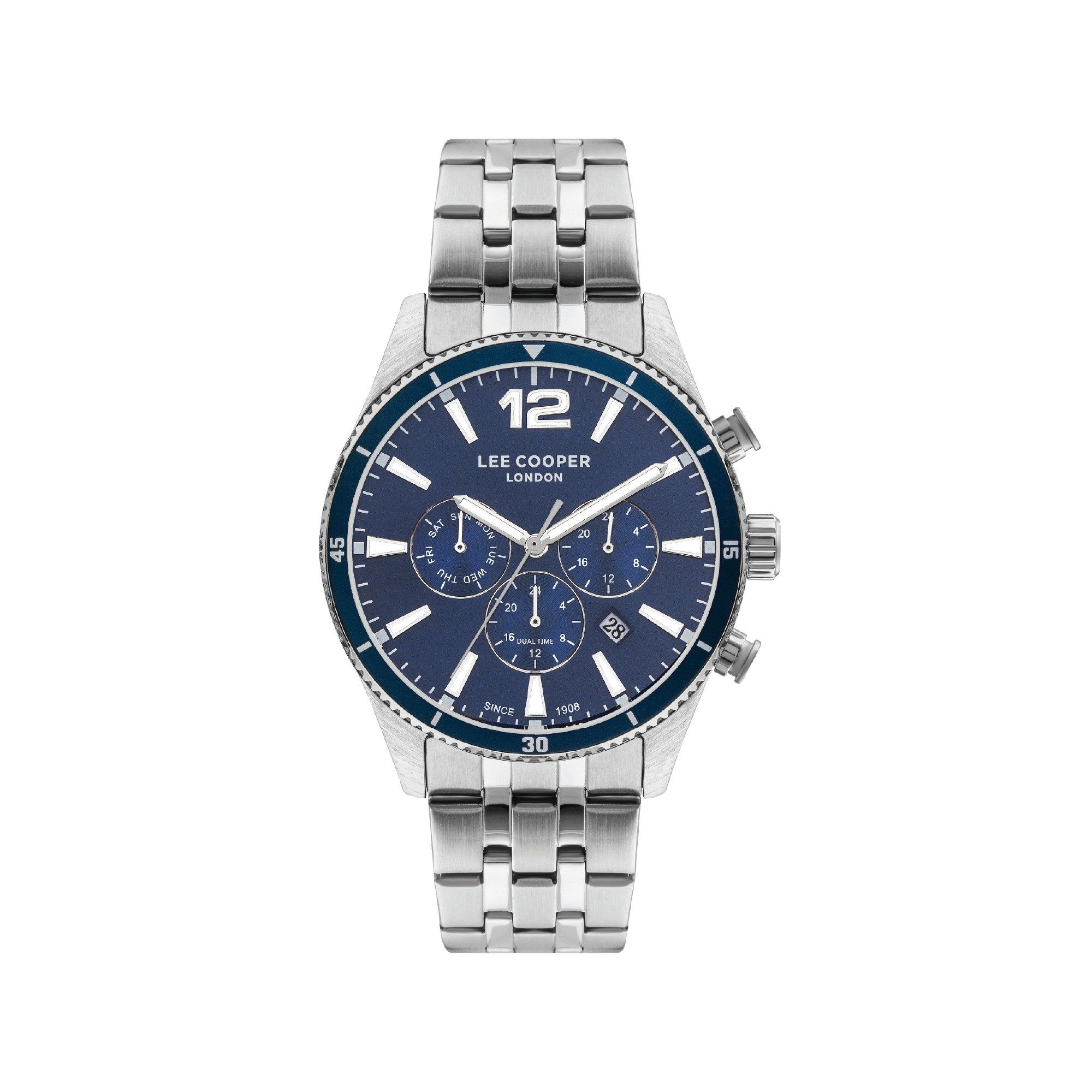 Lee Cooper Multifunktionsuhr Herrenuhr mit Metallarmband, 44 mm, Herren Armbanduhr blaues Zifferblatt, silber-blau – LC07641.390, Datum, Mineralglas, 5 ATM, inkl. Geschenkbox