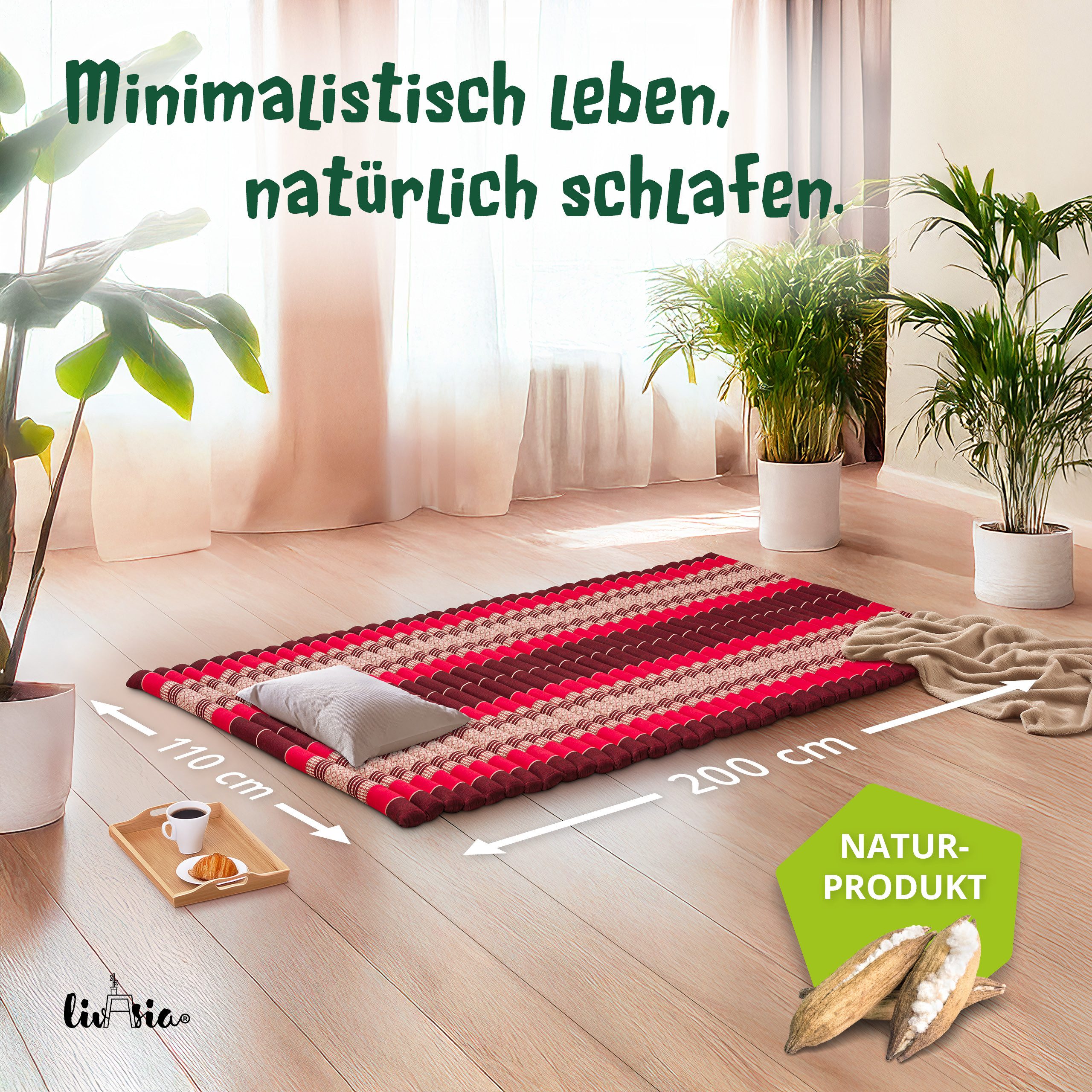 Naturmatratze Rollmatte 110 cm - 200x110x4,5cm, livasia, 4,5 cm hoch, Kapok, vegan, handgefertigt