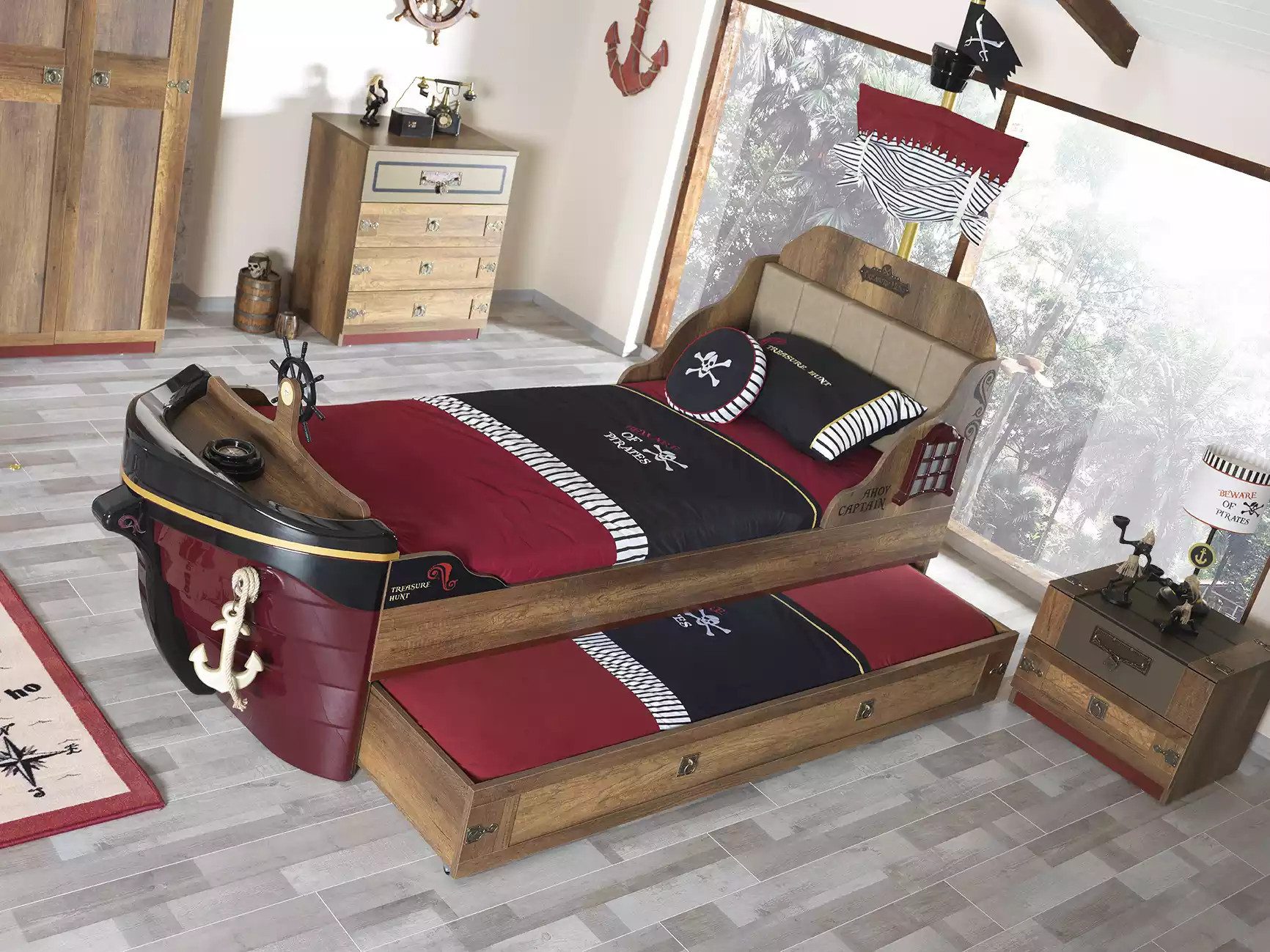 JVmoebel Jugendzimmer-Set Pirat Kinderzimmermöbel aus Holz in Braun mit Bett und Nachttisch, (3-tlg., Bett + Nachttisch + Kommode), Made in Europa