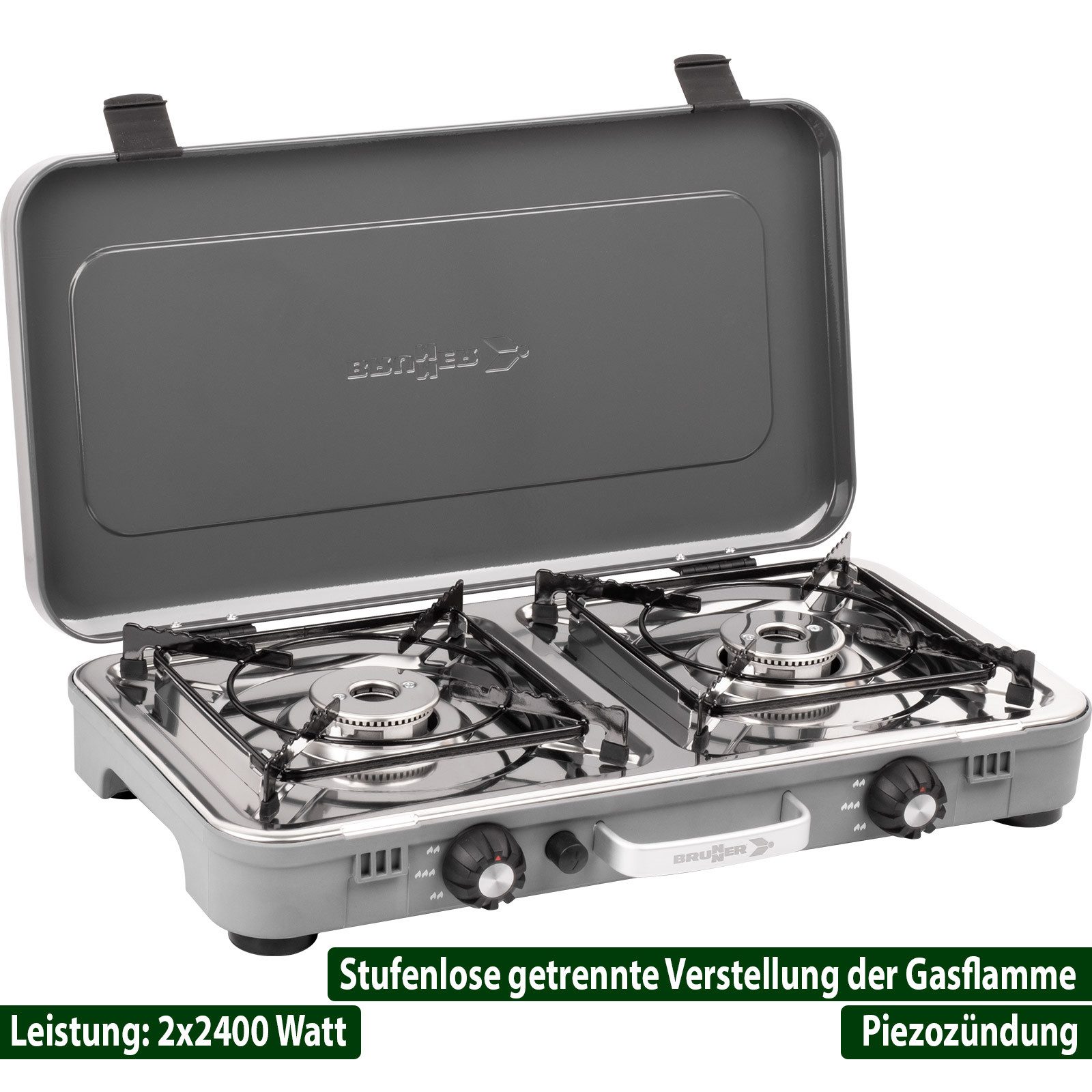 BRUNNER Gaskocher BRUNNER Devil Kookmaster Camping-Gaskocher – Komplettset mit 4 Beinen, (50mbar - Mit Gasregler + Gasschlauch)