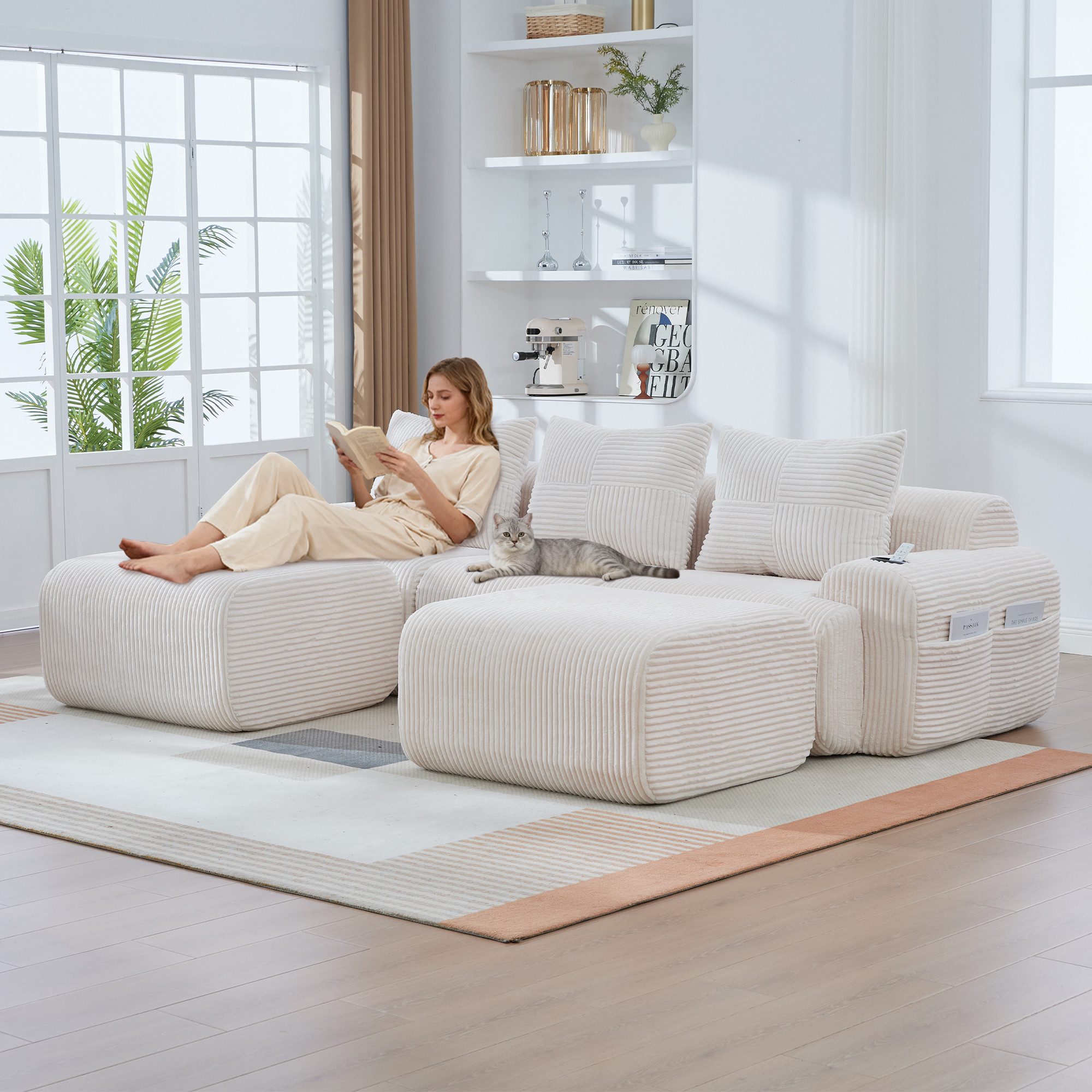 Odikalo Ecksofa Modulares Sofa mit Schlaffunktion, Eckcouch mit 2 Hockern, U Form, Modulares Cordsofa für 3 Personen (mit 2 Hockern), frei kombinierbar, inklusive Getränkehalter und seitlicher Aufbewahrungstasche, ideal für Wohnzimmer, Familienzimmer und weitere Räume