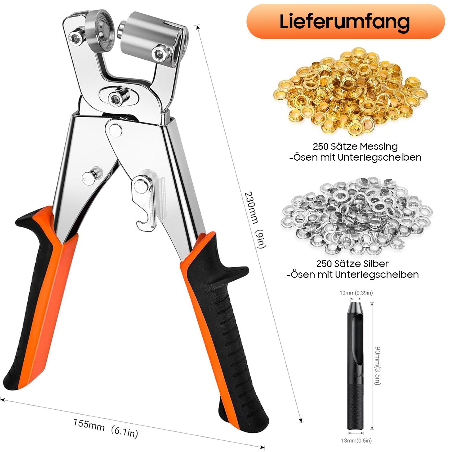 SURFOU Ösenzange Profi Ösenzange Set mit 500 rostfreien Ösen (10mm), Pressen-Set, mit 1 Schlagwerkzeug, für Perfekt für Leder, Gürtel, Awnings, Stoffe