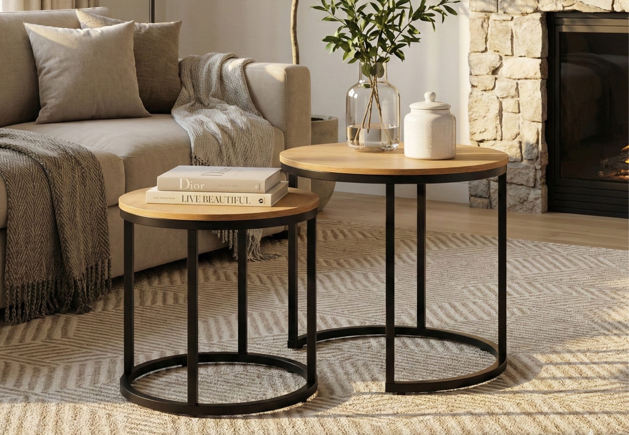 Home Collective Couchtisch Kleiner 2er Set aus Holz, Wohnzimmertisch Modern (Beistelltisch Set 2 in 1 mit Metallgestell, Büro Beistelltisch Loft Design TWIN, kratzfeste Oberfläche, Set 2 in 1), Rund in Eiche dunkel, für Wohnzimmer