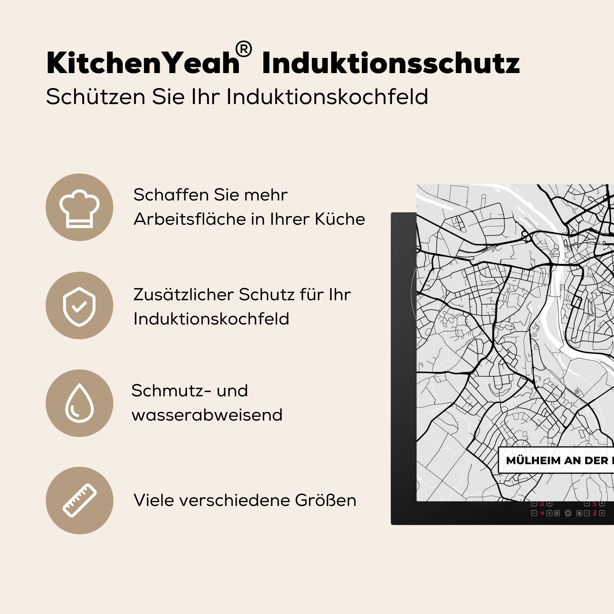MuchoWow für - Ruhr An Deutschland Mülheim Karte, - Ceranfeldabdeckung, Der (1 Karte Vinyl, tlg), cm, küche Herdblende-/Abdeckplatte 78x78 Arbeitsplatte -