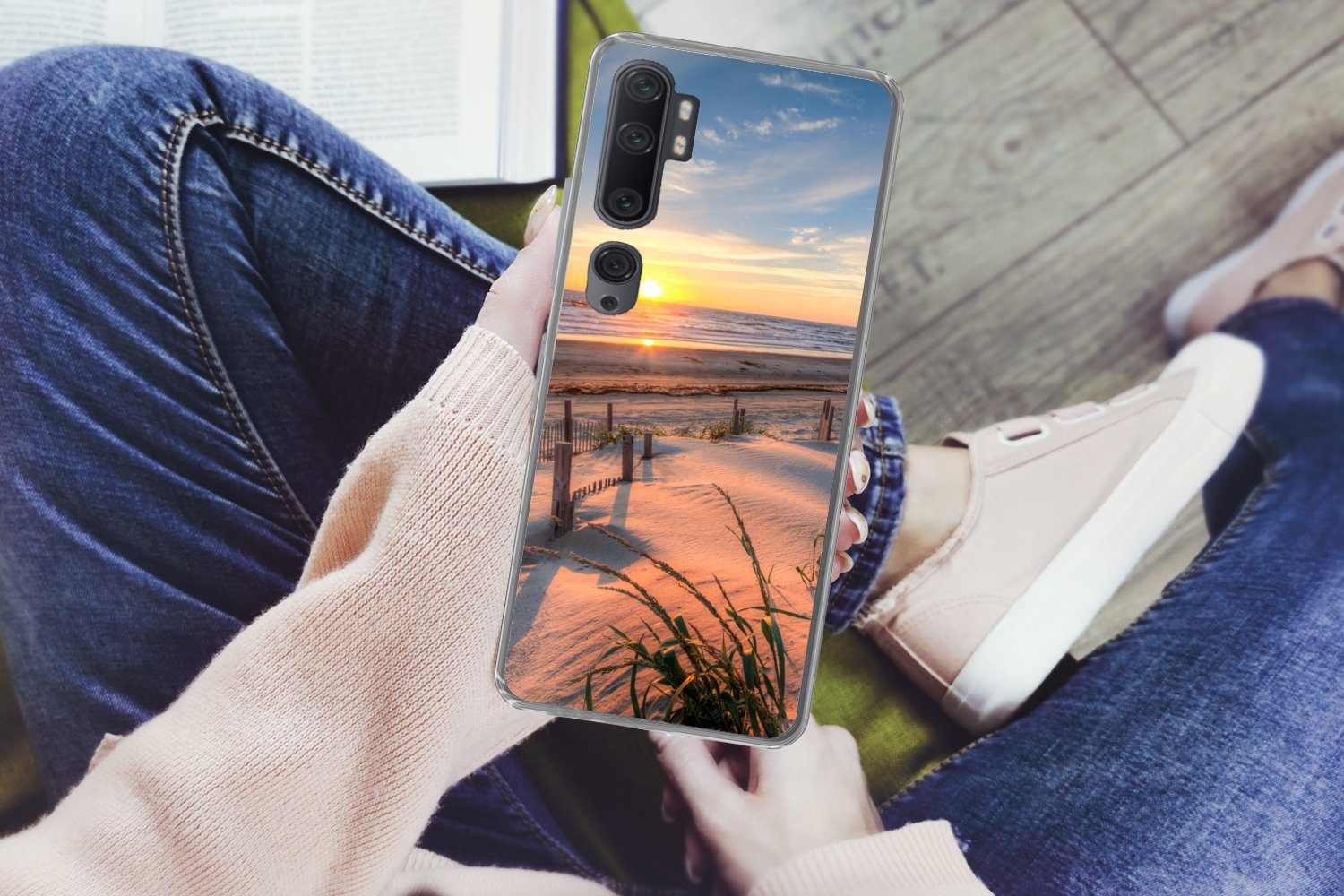 MuchoWow Handyhülle für Xiaomi Mi Note 10 Strand - Meer - Düne - Sonnenuntergang - Landsch