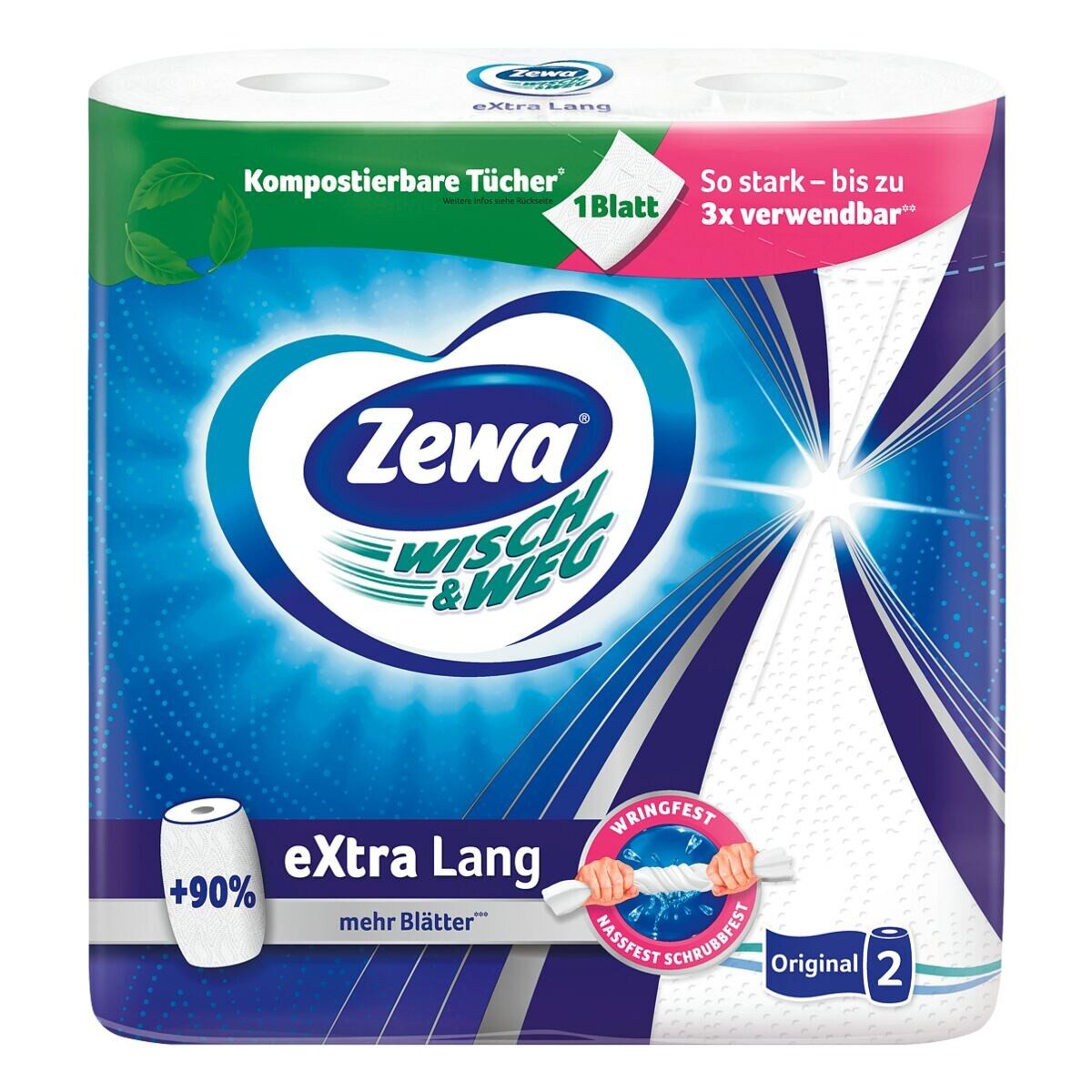 ZEWA Papierküchenrolle Wisch&Weg Original eXtra Lang (2-St), 2-lagig, weiß, 86 Blatt/Rolle