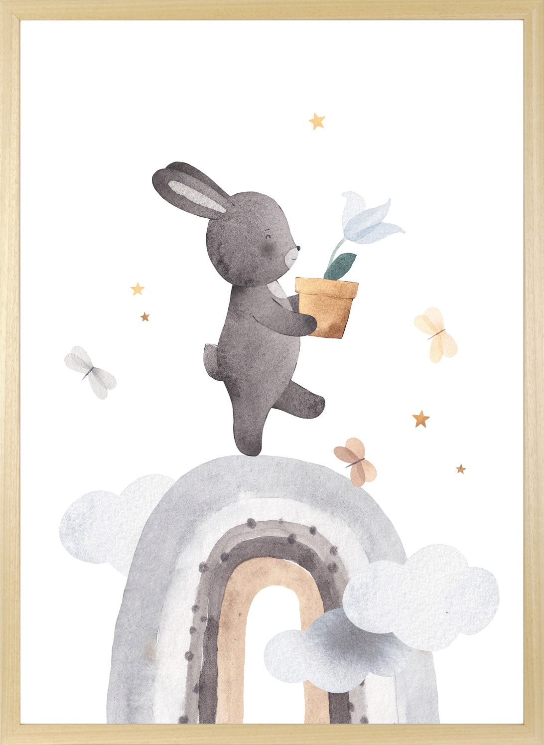 queence Bild mit Rahmen Hase mit Blume, Bilder vom Sternenhimmel, Hase, Hasen, Haustiere, Himmel, Himmelsbilder, Regenbogen, Schmetterlinge, Tiere, Wolken (1 St), HD Premium Posterdruck mit Echtholzrahmen