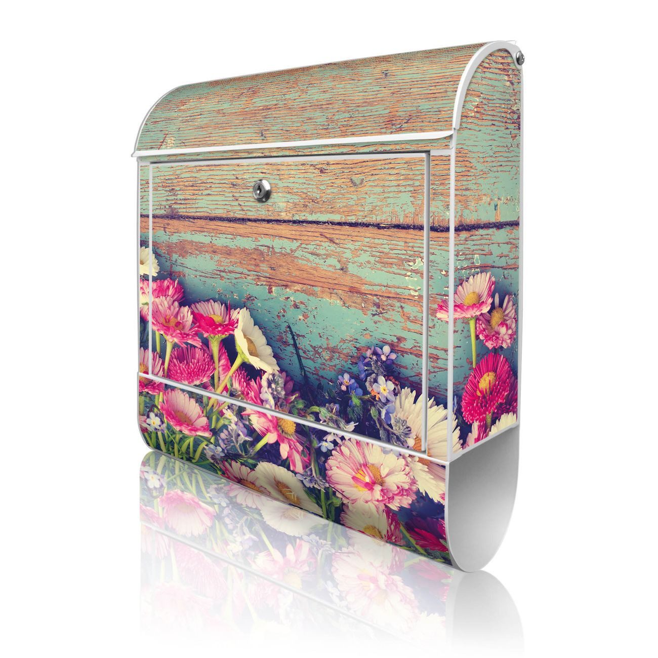 banjado Wandbriefkasten Weiß Stahl mit Motiv Blumenpfücken (Wandbriefkasten witterungsbeständig, pulverbeschichtet, mit Zeitungsfach), 47 x 39 x 14 cm