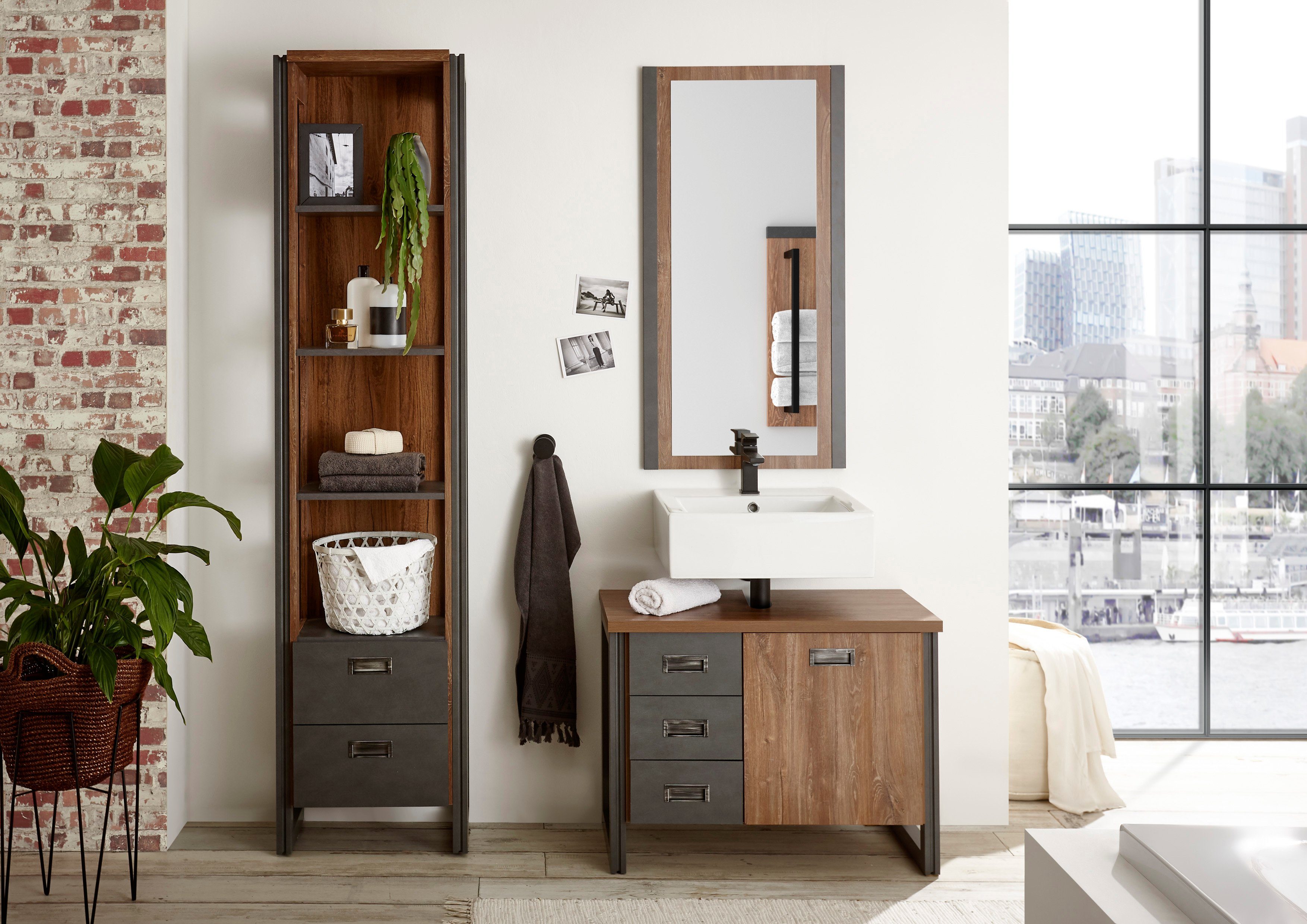 Home affaire Badmöbel-Set Detroit, Bad im Industrialdesign, 3-teiliges Badezimmer, (Set, 3-St), Unterschrank, Regal & Spiegel, holzfarben, offene Fächer & Stauraum