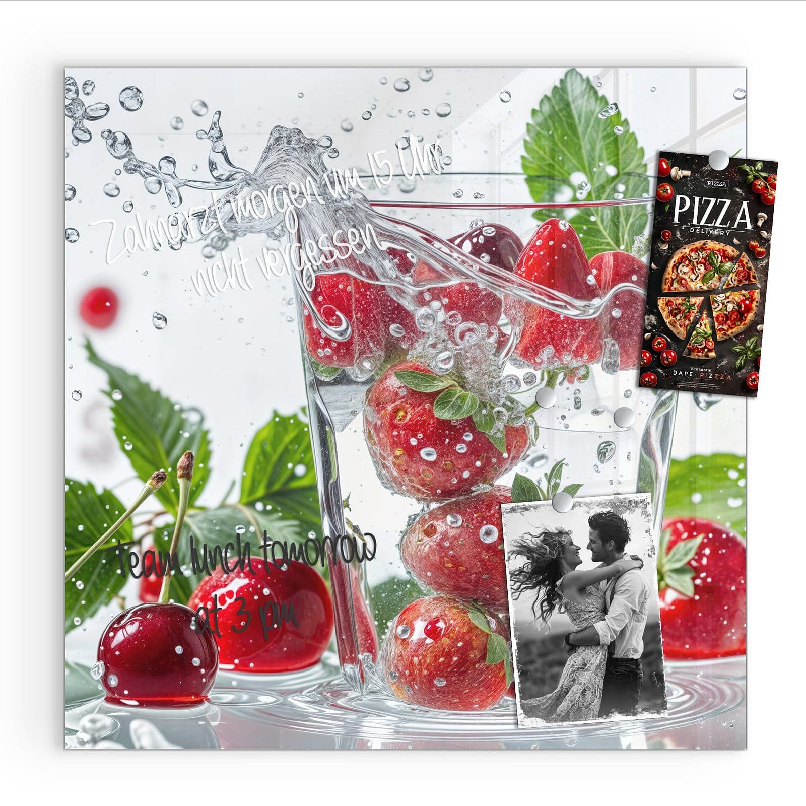 Primedeco Magnettafel Glas Erdbeeren und Kirschen Pinnwand Whiteboard beschreibbar, (Inklusive Stift, Magnete und Montagematerial, 1-tlg., 9 verschiedene Größen), Magnetisch und Beschreibbar