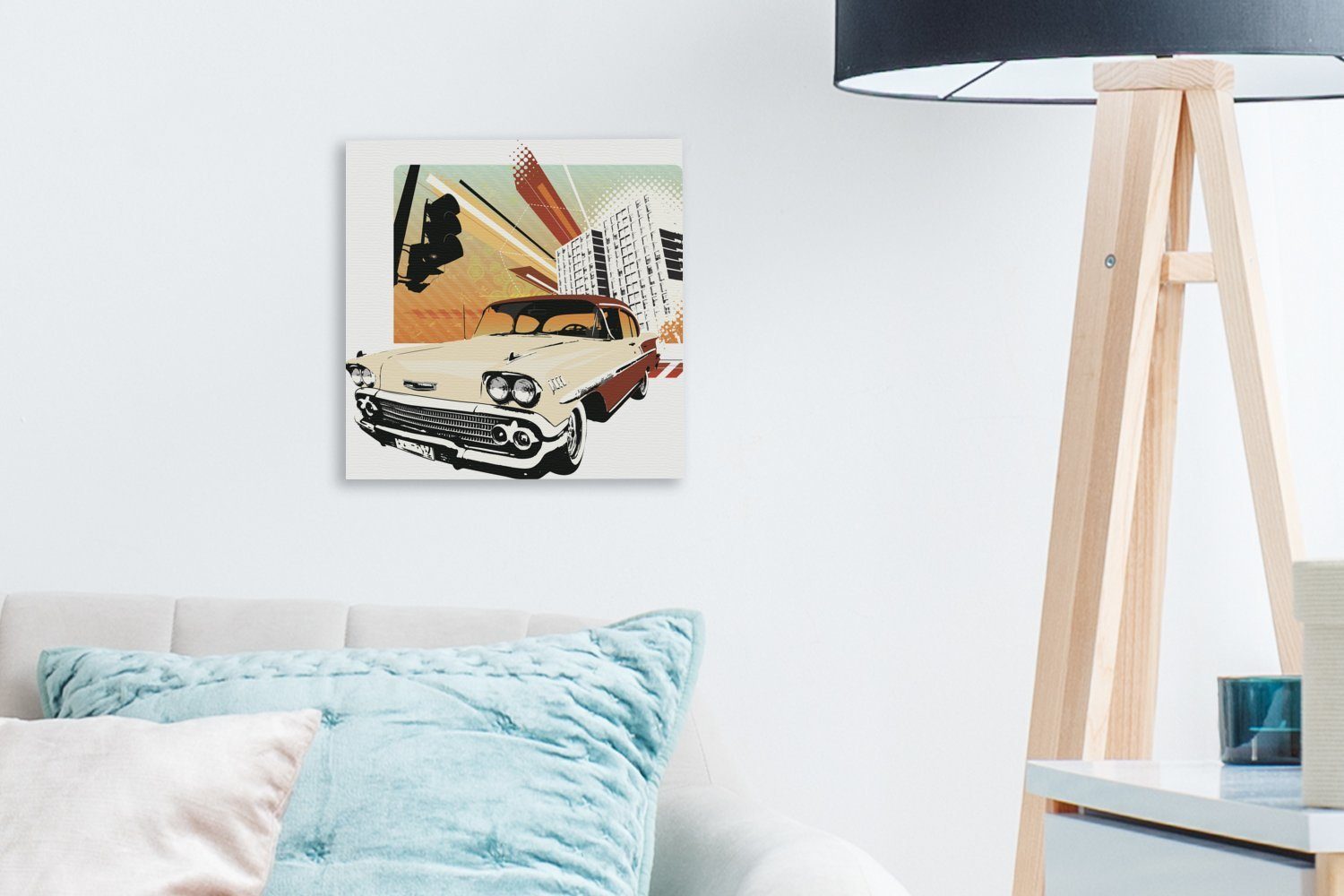 OneMillionCanvasses® Leinwandbild Illustration eines Wohnzimmer Stadt, St), für in (1 Schlafzimmer Oldtimers einer Leinwand Bilder