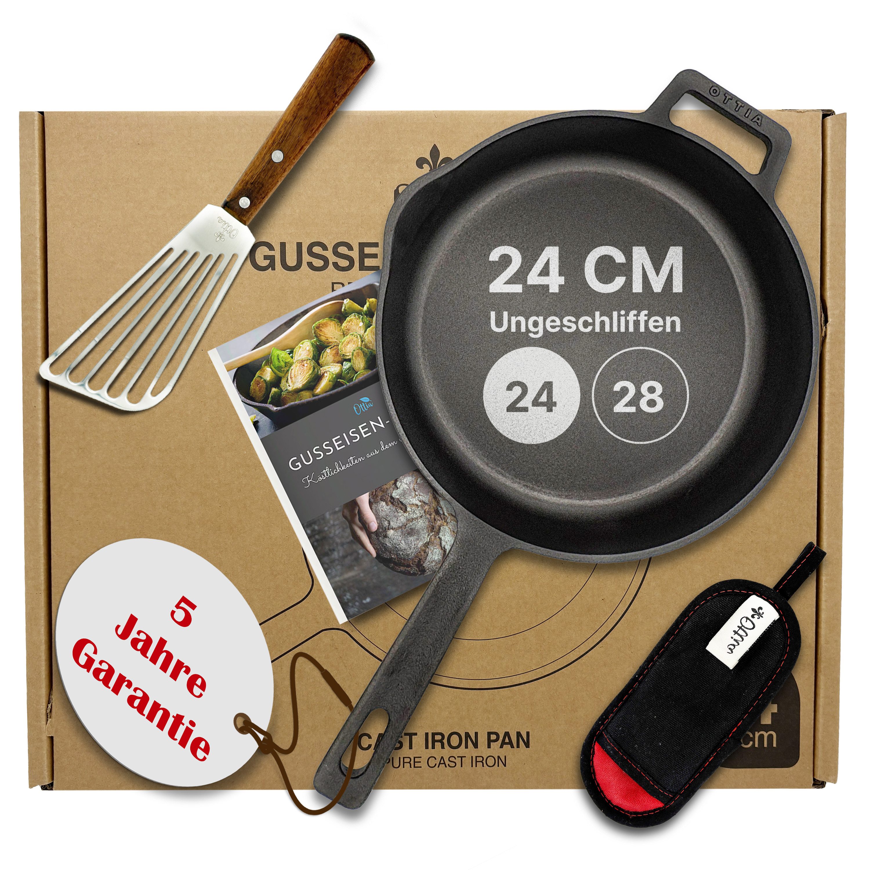 Ottia Bratpfanne Ottia Gusseisenpfanne mit Pfannenwender und Hitzeschutz - 24cm / 28cm, Gusseisen