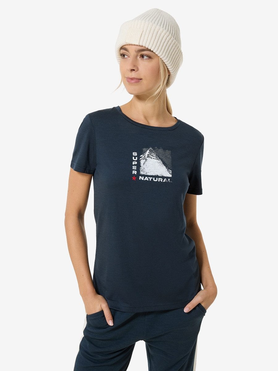 SUPER.NATURAL T-Shirt für Damen, nachhaltig, Merino mit Berg-Motiv, atmungsaktiv