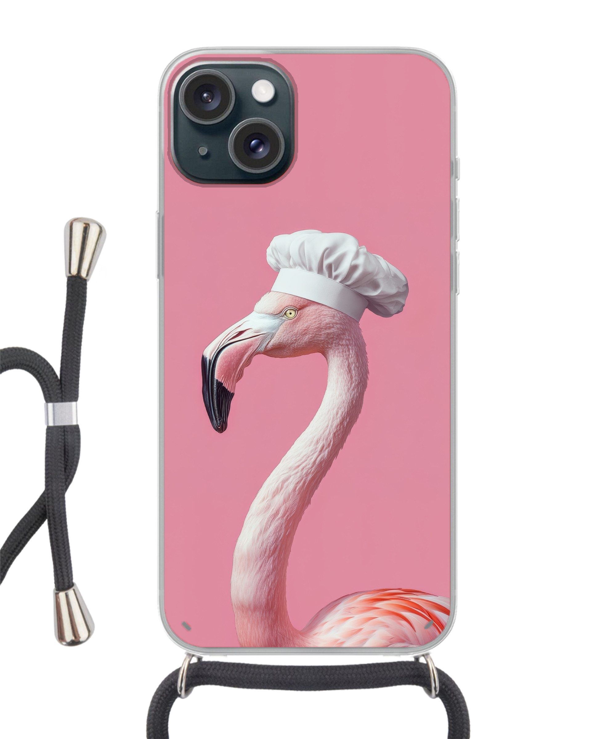 MuchoWow Handyhülle für Apple iPhone 15 Flamingo - Rosa - Kochmütze - Vogel, Tragbare Handyhüllen mit Kette zum umhängen, Handykette Handyband
