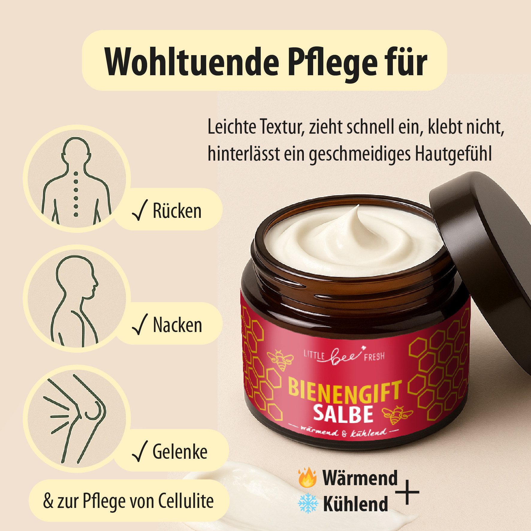 little bee fresh Körpercreme Bienengiftsalbe (wärmend & kühlend) wohltuende Pflege Rücken & Gelenke, 1-tlg., mit echtem Bienengift