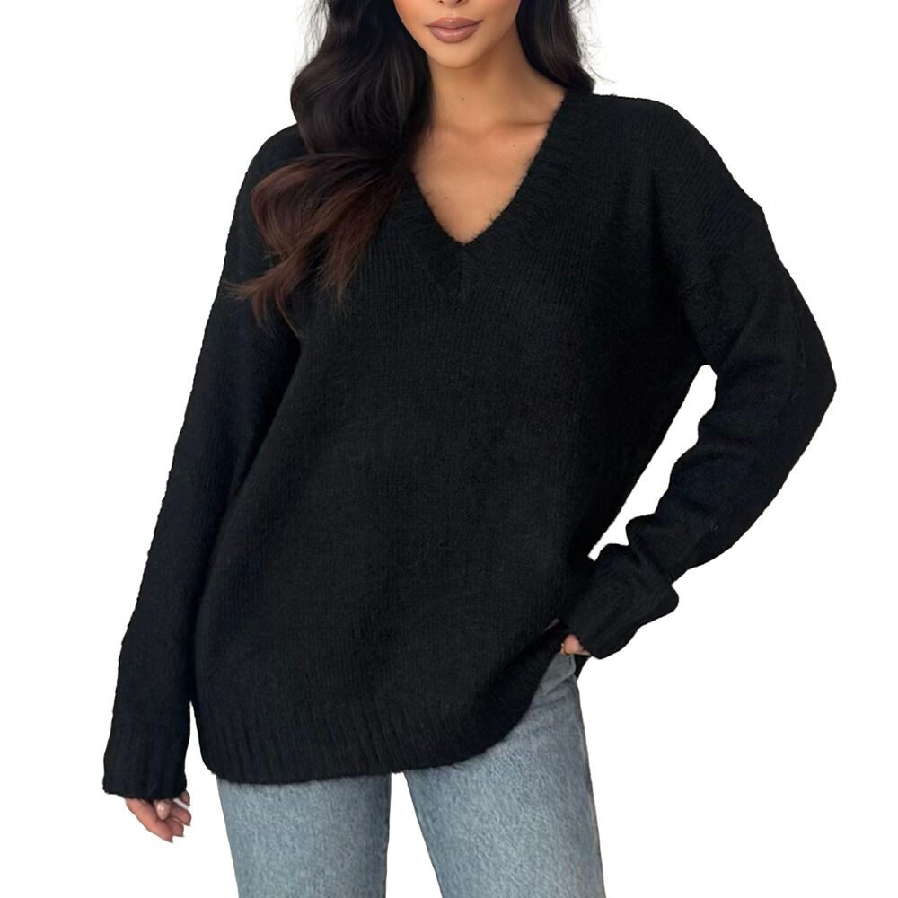 Ital-Design V-Ausschnitt-Pullover V-Ausschnitt Пуловеры für Damen – Komfort & Stil für jeden Tag (90763964) Stretch Вязаные свитера in Schwarz