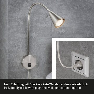 Briloner Leuchten Bettleuchte 2082-012, LED wechselbar, Warmweiß, matt-nickel, flexibler Arm, inkl. An/Aus Schalter, inkl. 1xLED/GU10